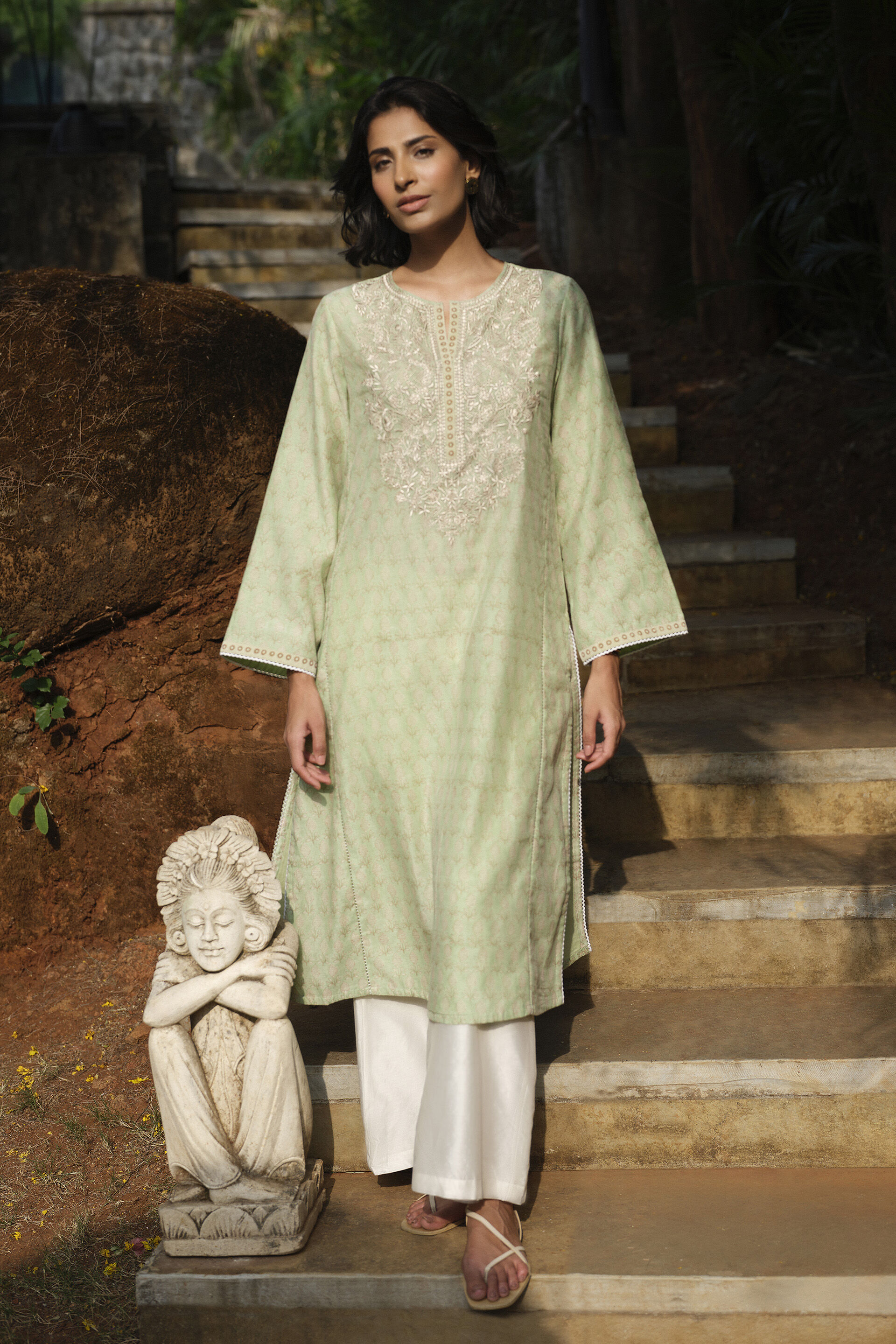 Janan Embroidered Mul Kurta - Sage