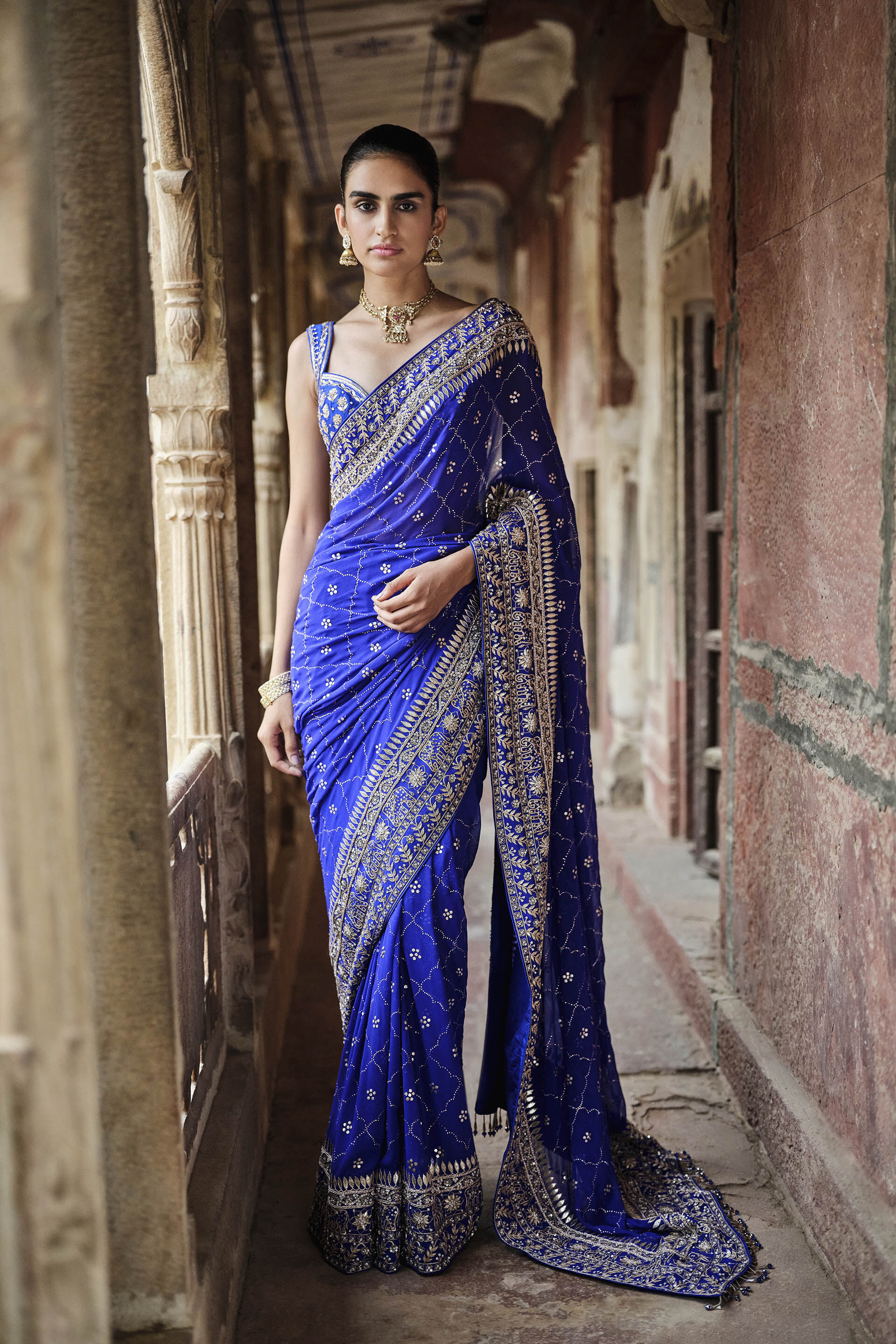 Anushna Handcrafted Badla Georgette Saree - Blue