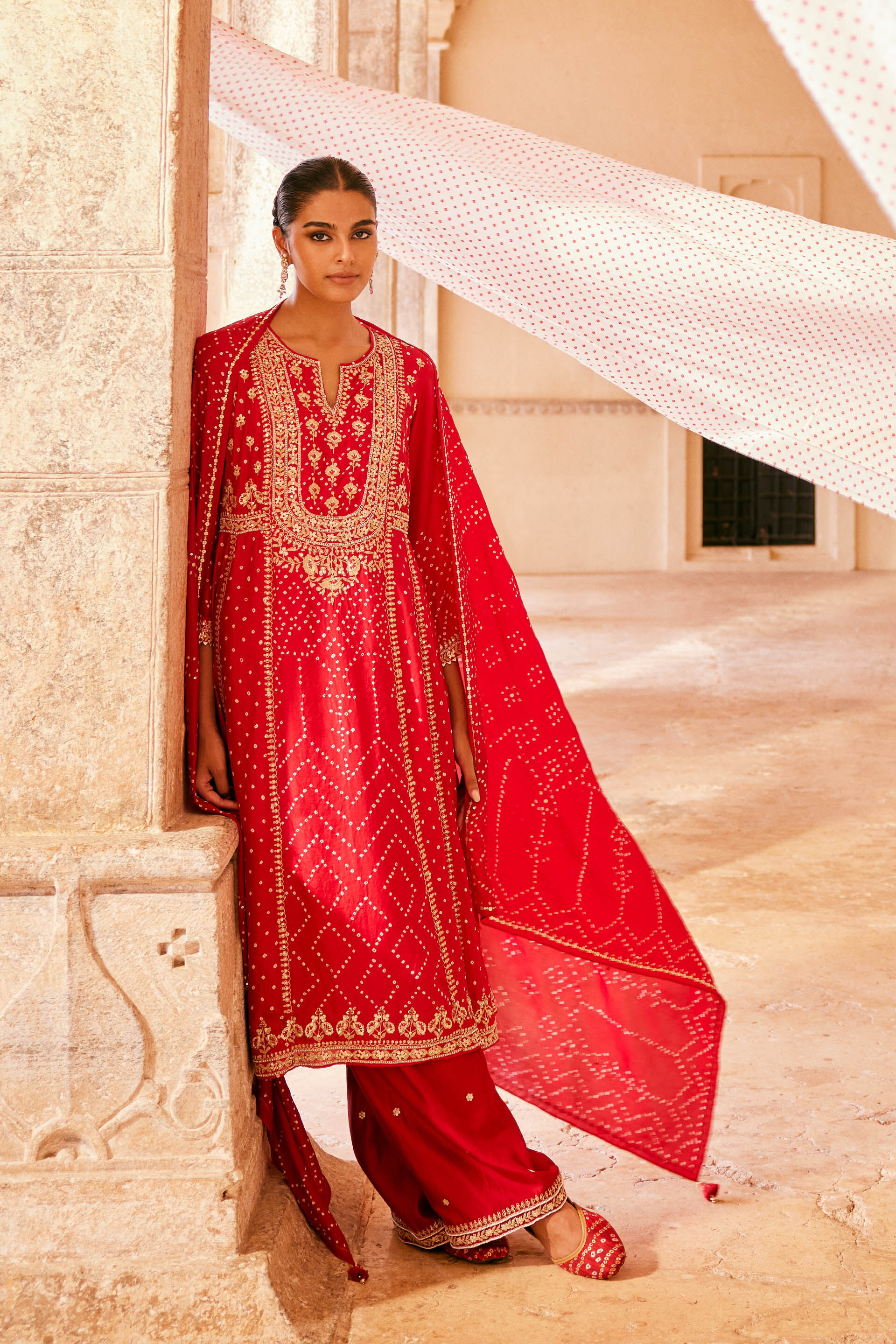 Cinnabar Handcrafted Bandhani Silk Suit Set - Red