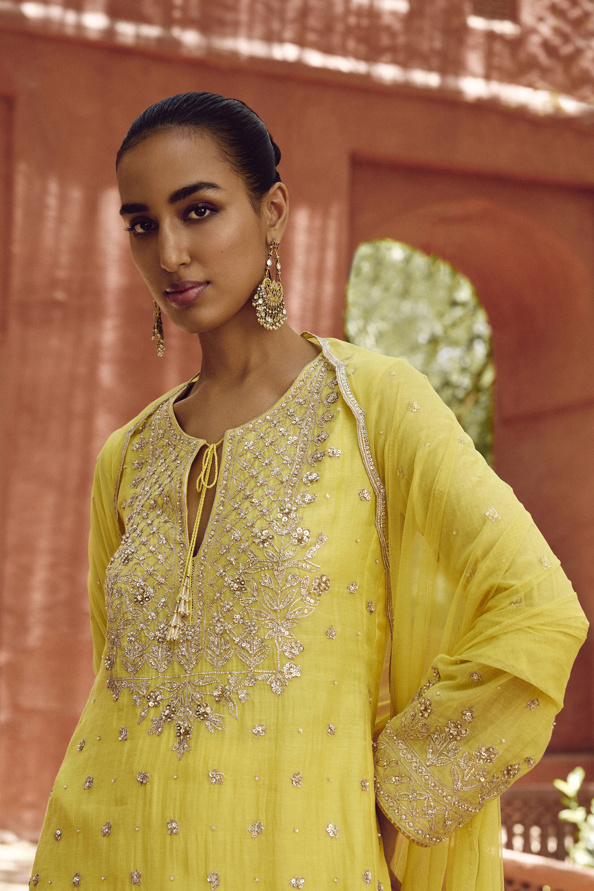 Srika Gota Patti Mul Suit Set - Yellow, Yellow, image 3