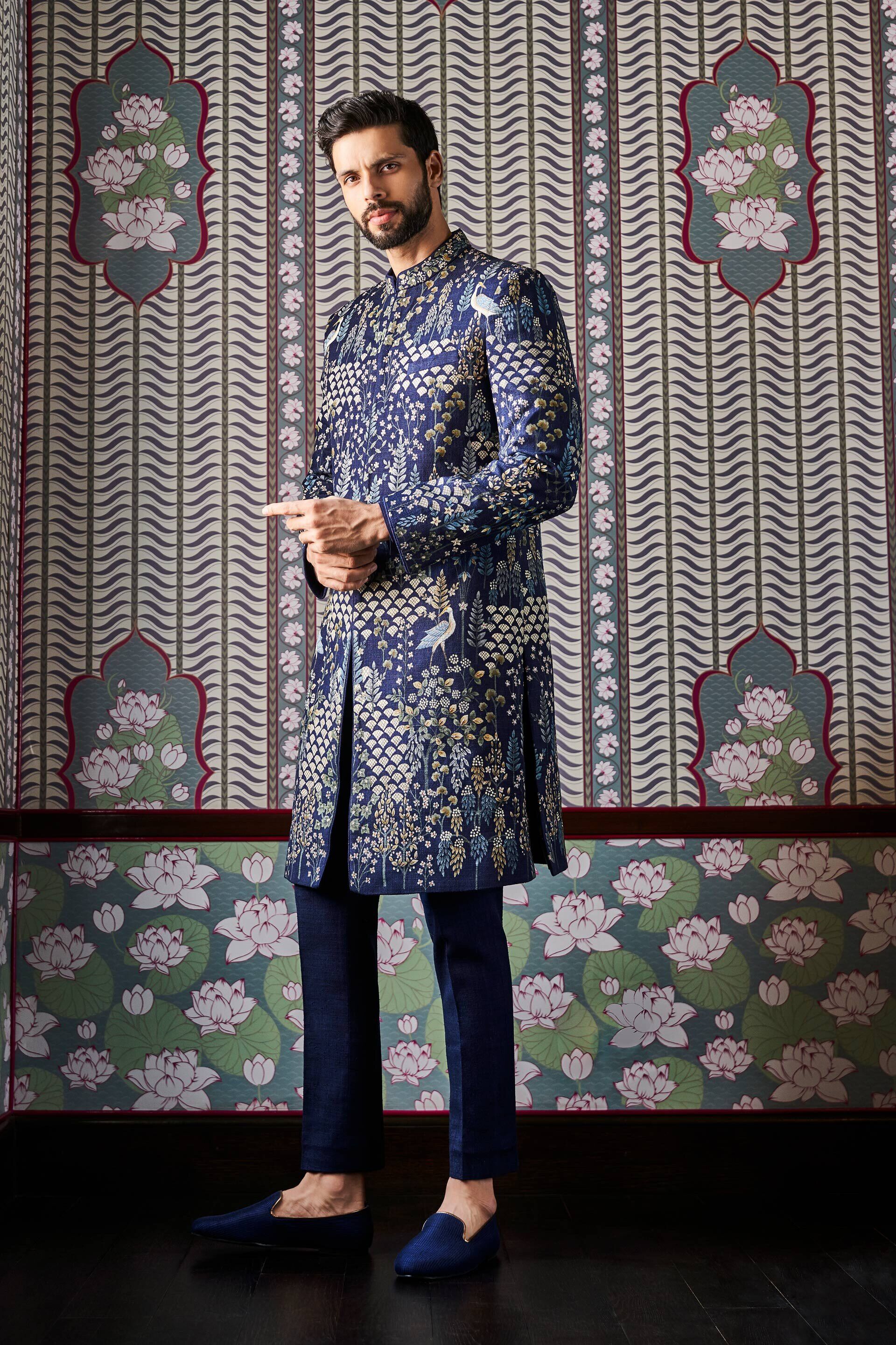 Fardan Hand-painted Pichhwai Silk Sherwani - Navy, Navy, image 1