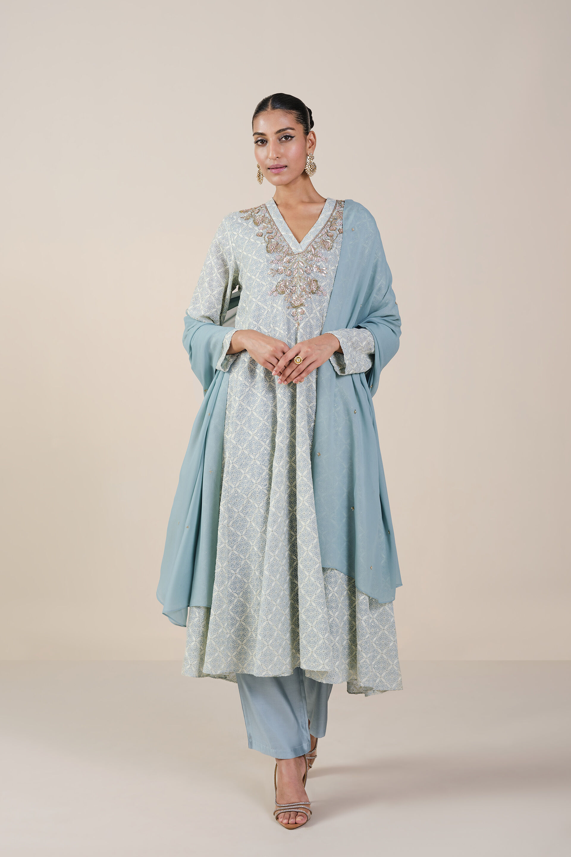 Josika Embroidered Georgette Suit Set - Powder Blue