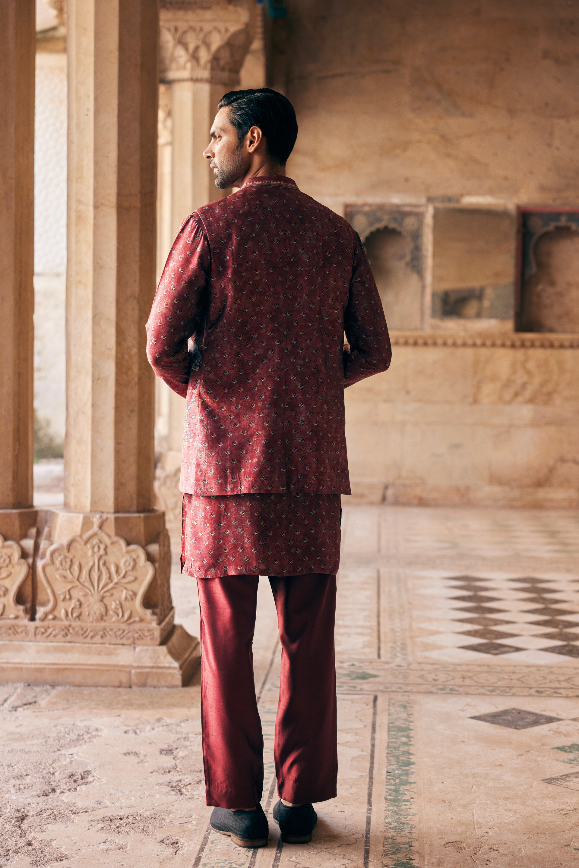 Humair Printed Silk Nehru Jacket - Maroon, Maroon, image 2