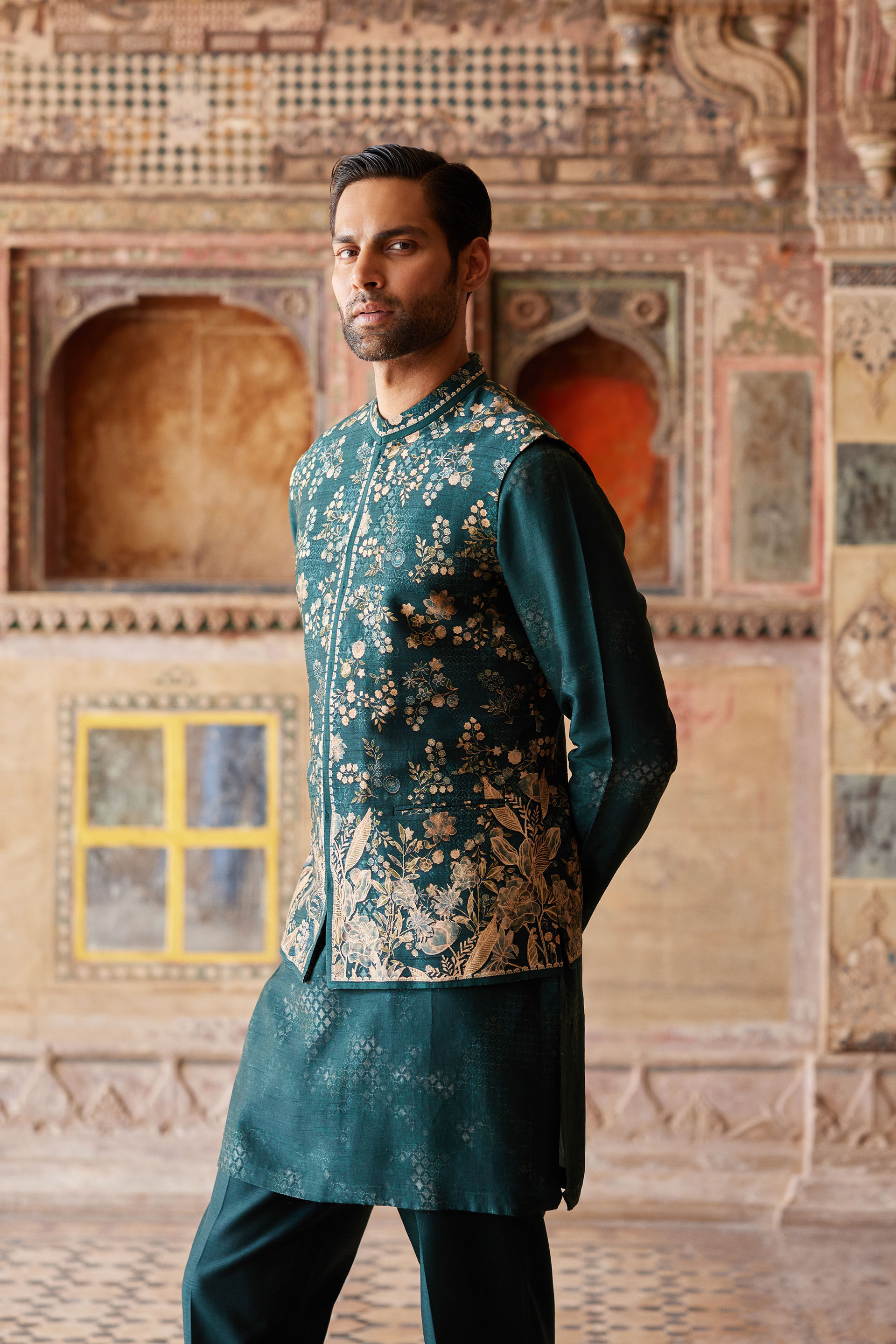 Hirav Printed Silk Nehru Jacket - Green