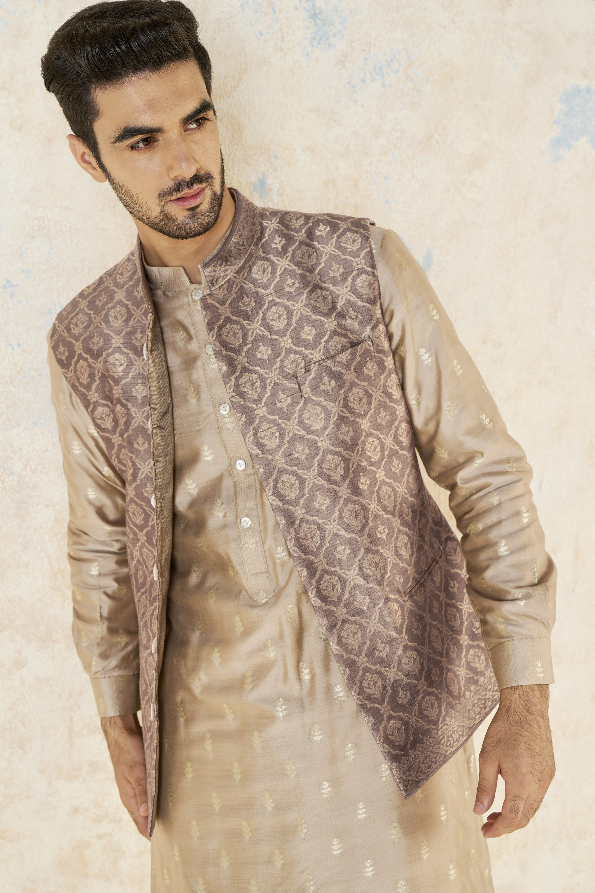 Unman Benarasi Silk Nehru Jacket - Gold, Gold, image 5