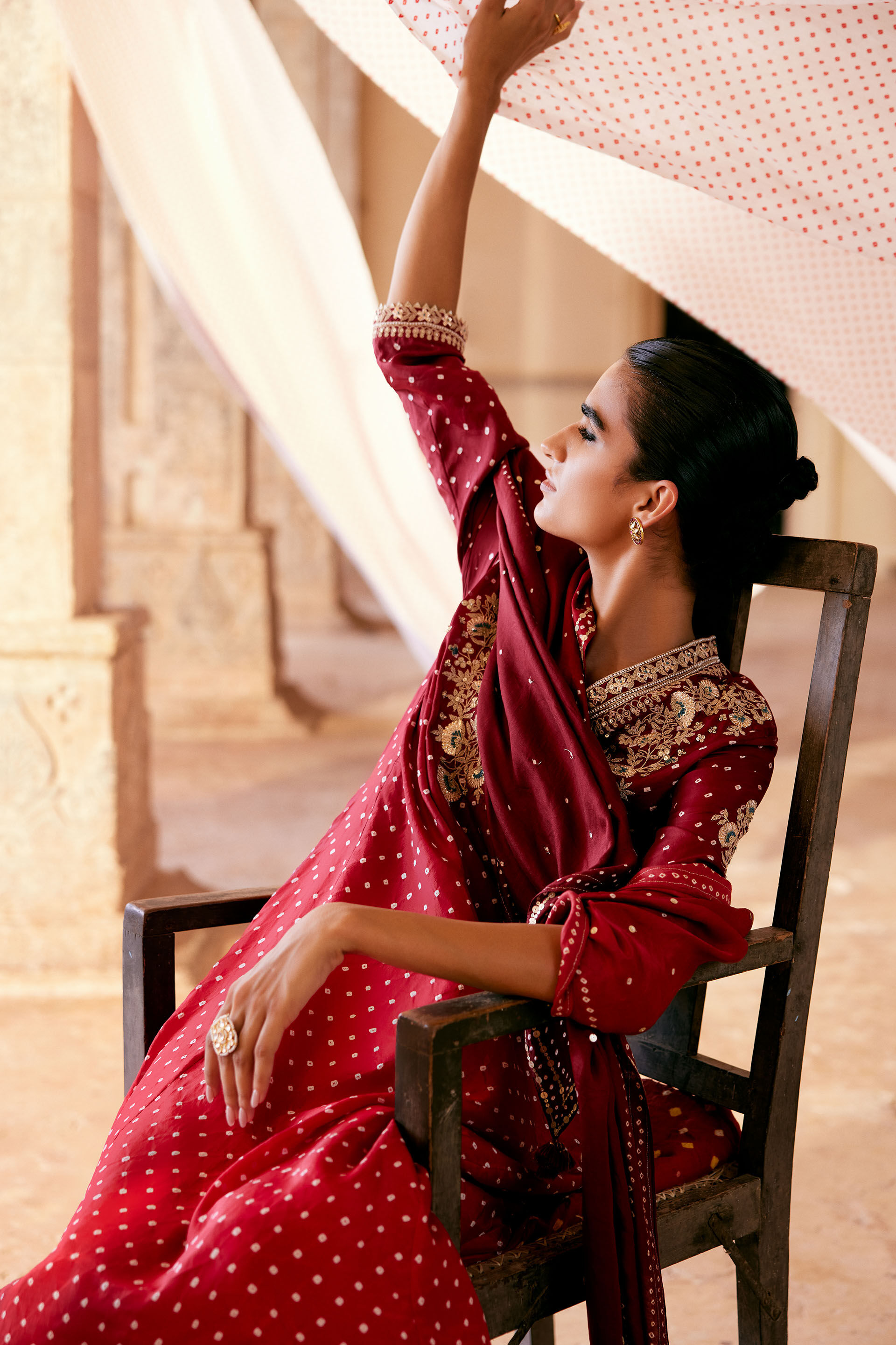 Gulsahro Handcrafted Bandhani Silk Kurta Set - Red, Red, image 5