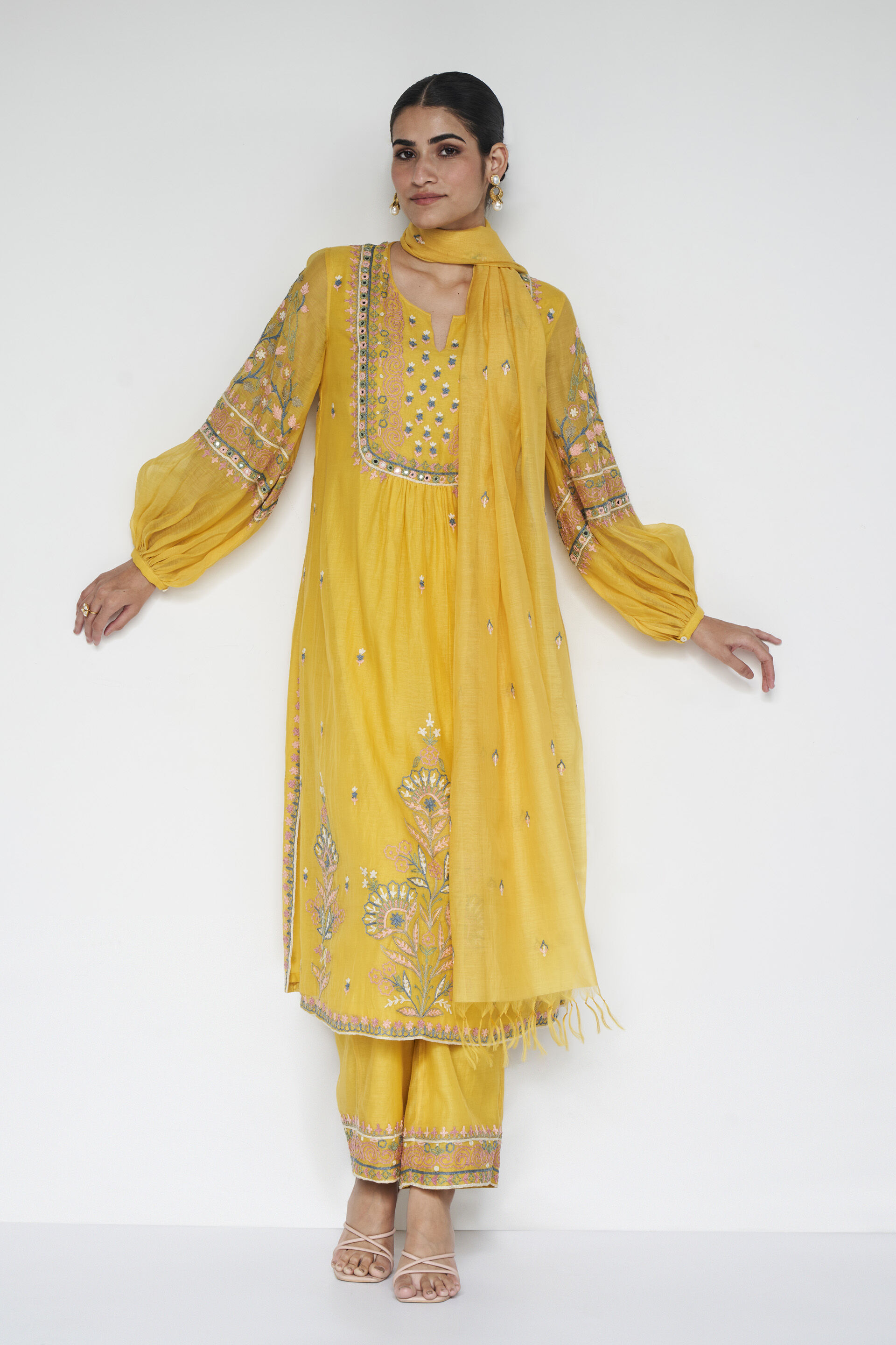Philomel Embroidered Zardozi Silk Suit Set - Yellow