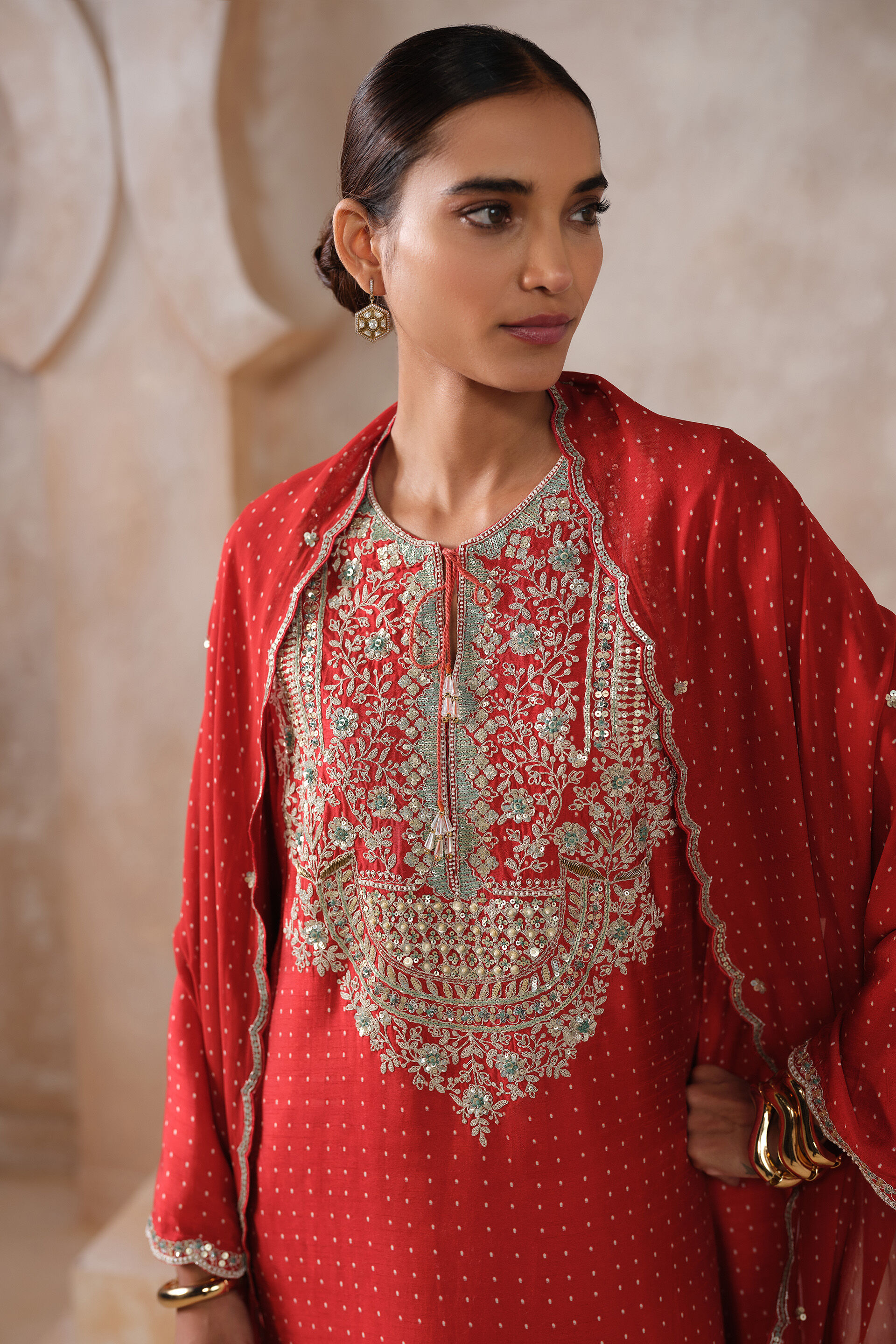 Gulnora Embroidered Stole - Red, Red, image 3