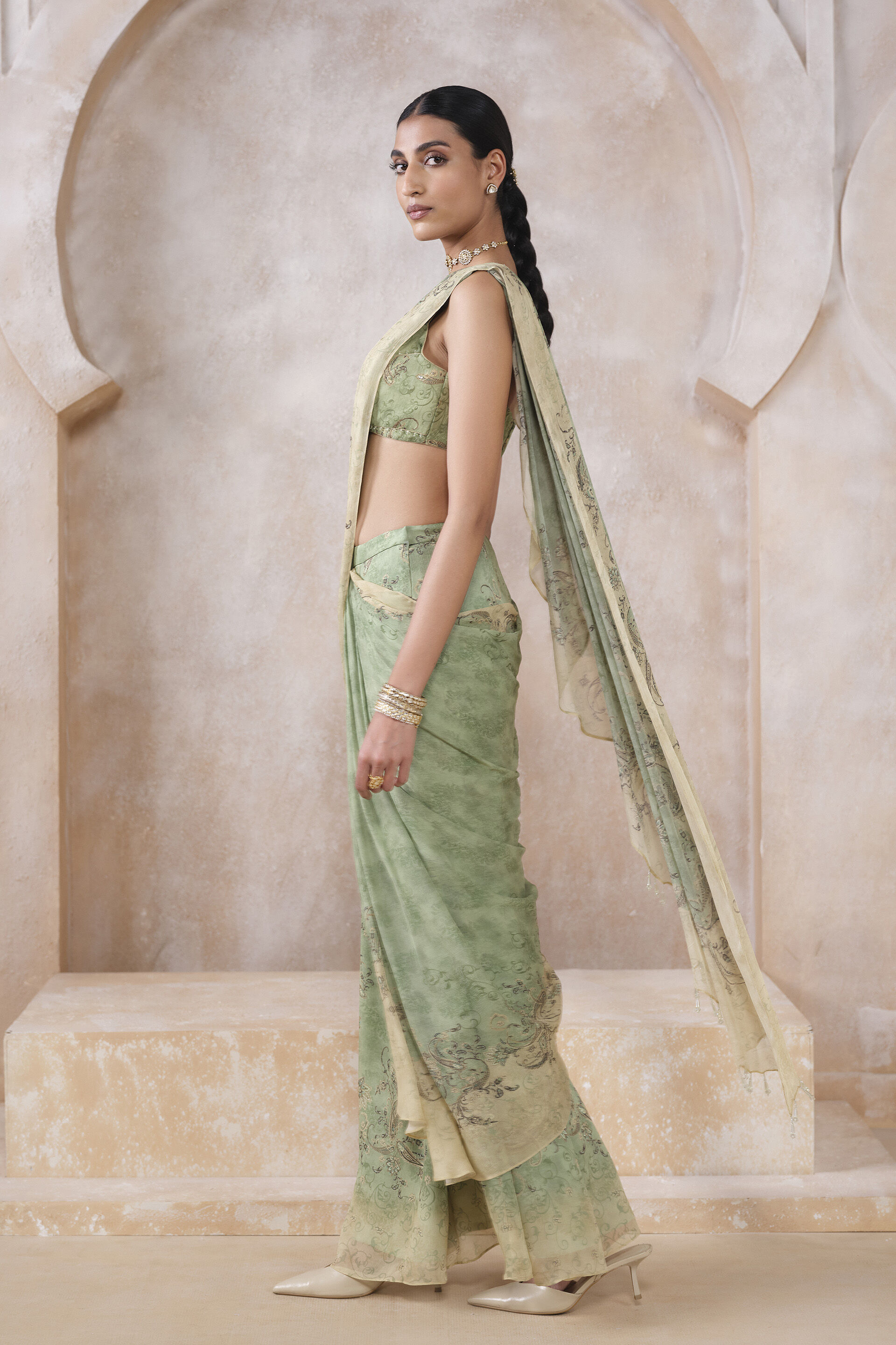 Lizbet Sequin Chiffon Pre-draped Saree - Green, Green, image 2