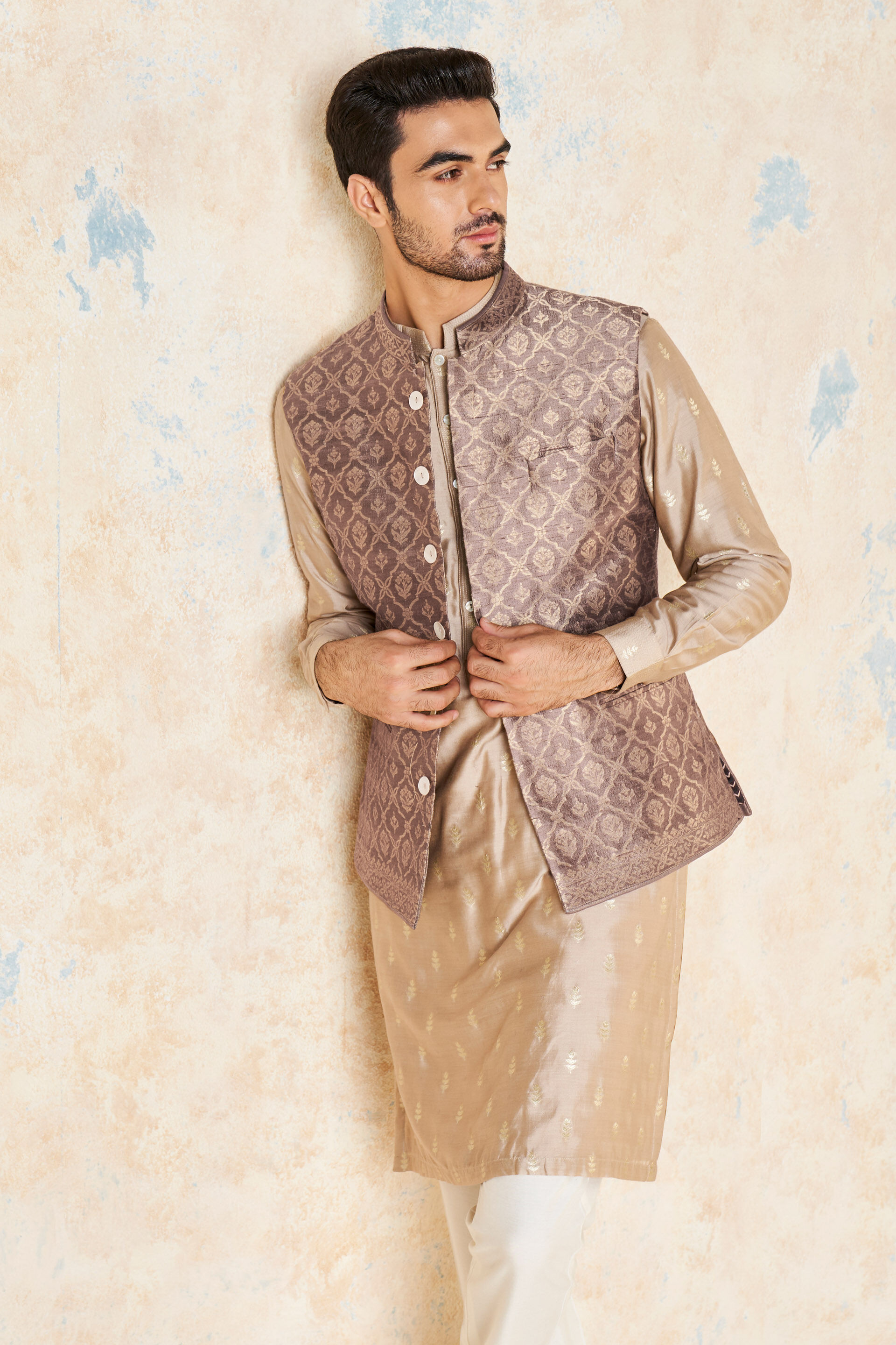 Unman Benarasi Silk Nehru Jacket - Gold, Gold, image 4