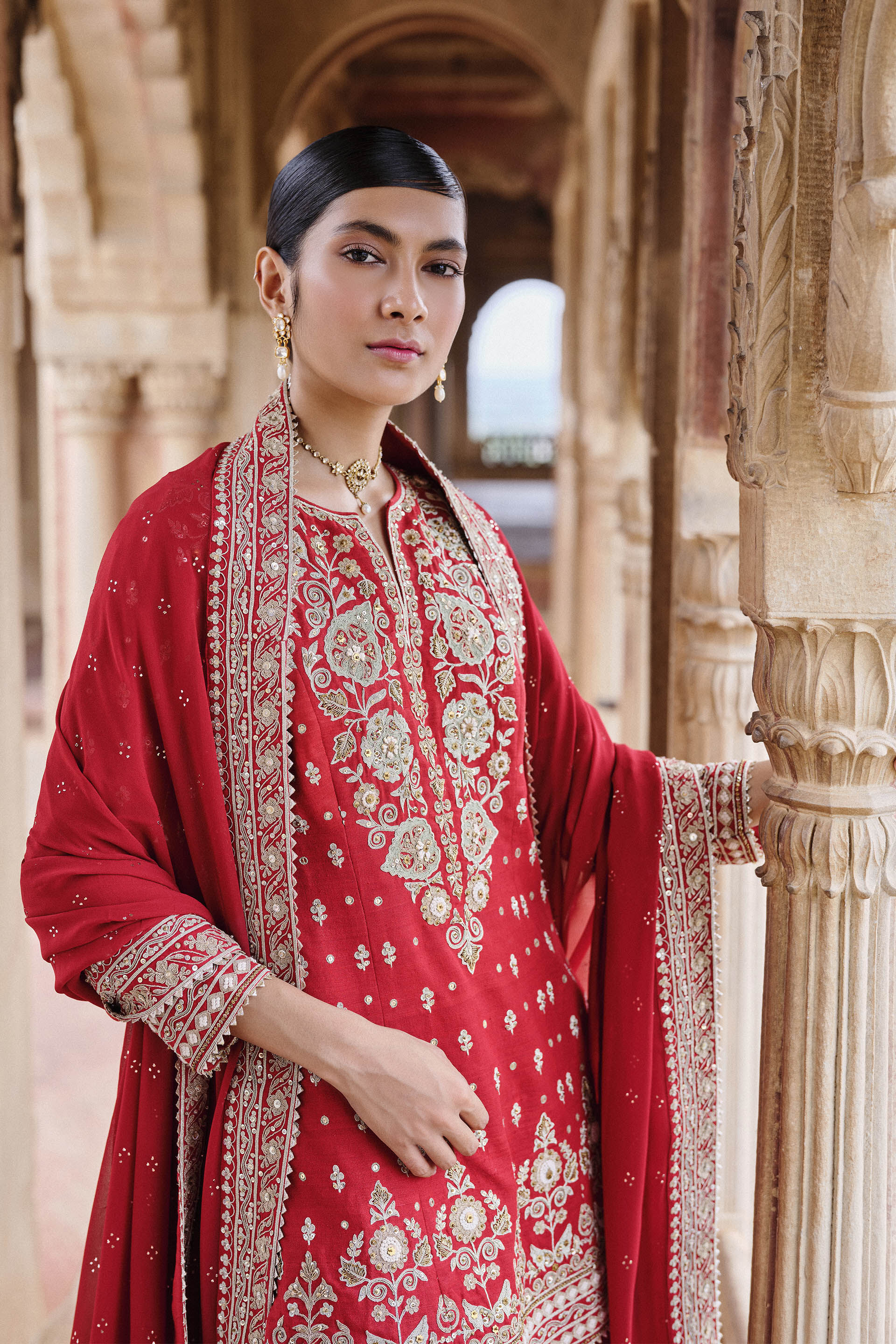 Maalavi Embroidered Cord Silk Suit Set - Red, Red, image 3