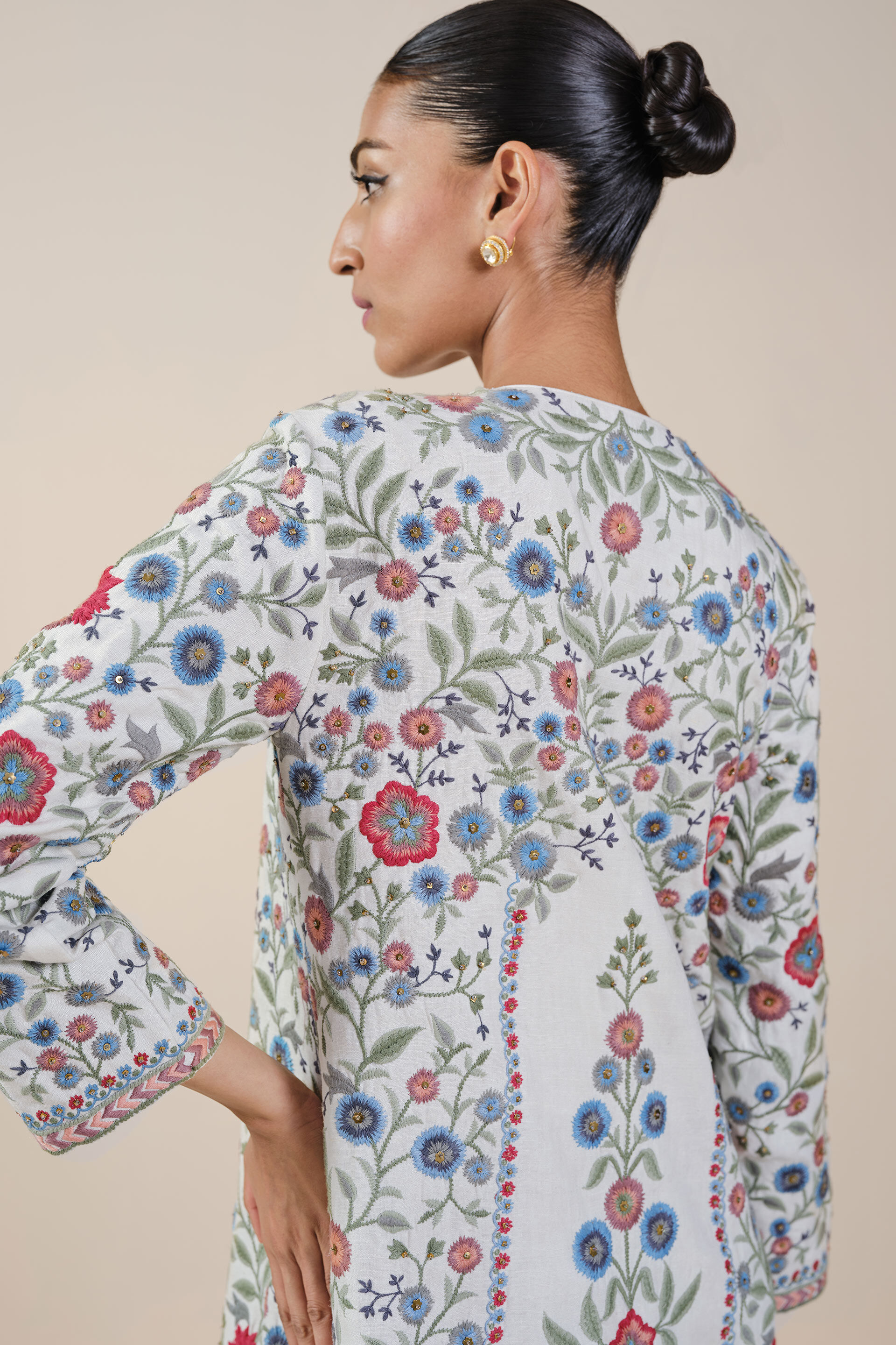 Galaxy of Flowers Embroidered Matka Silk Kaftan - White, White, image 5