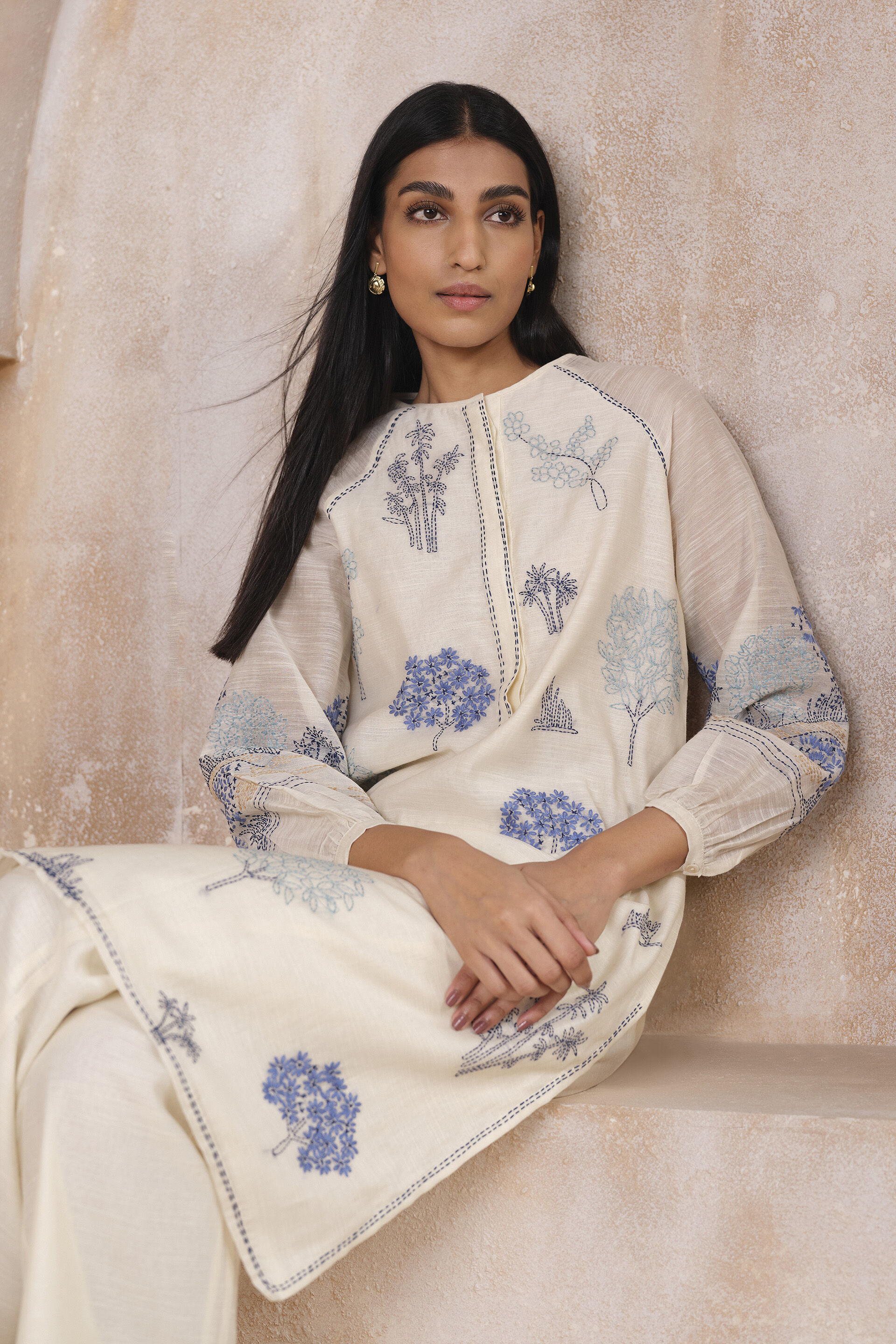 Iseda Hand-embroidered Kantha Kurta Set - White, White, image 4