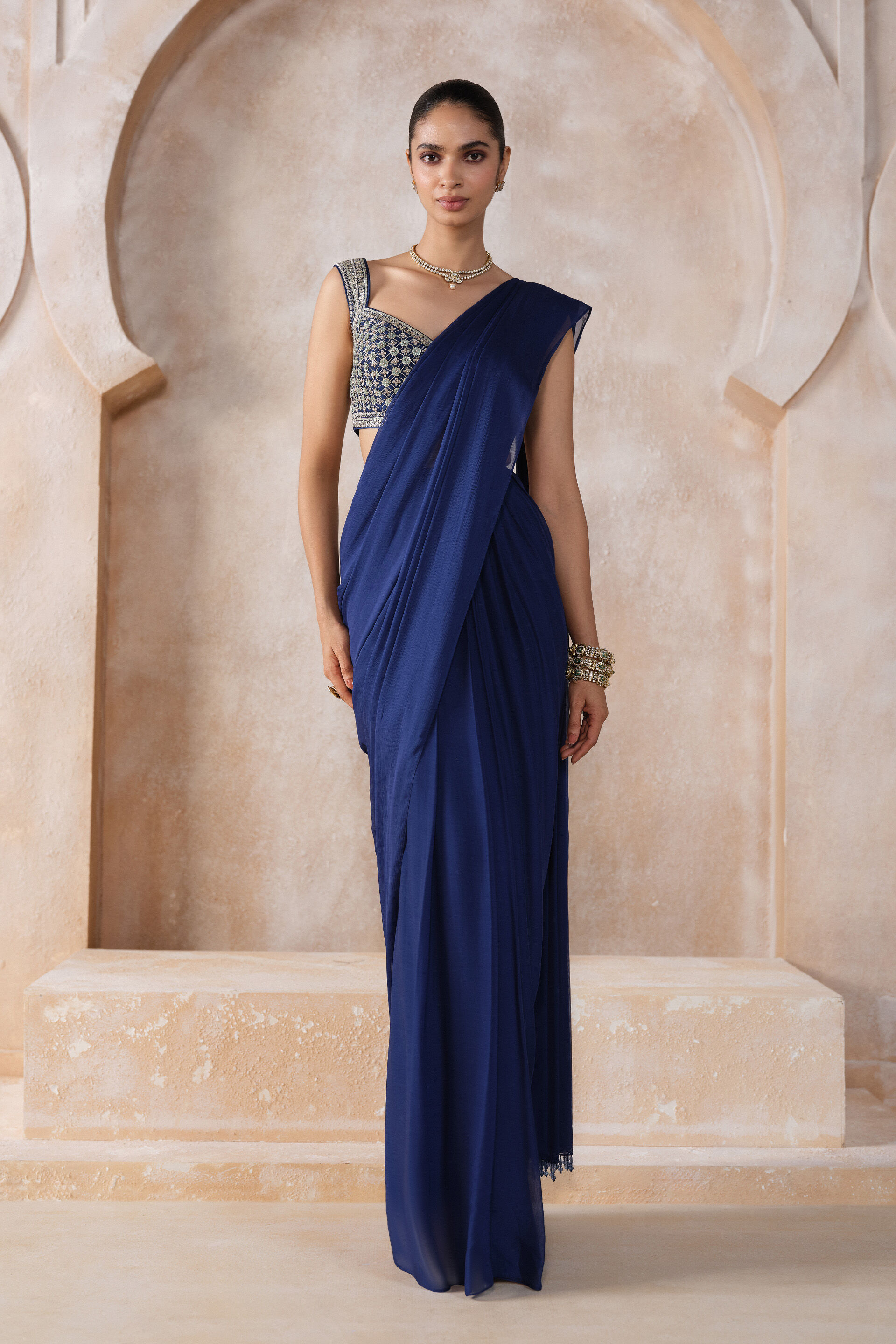 Yuthika Embroidered Cord Pre-draped Saree - Blue