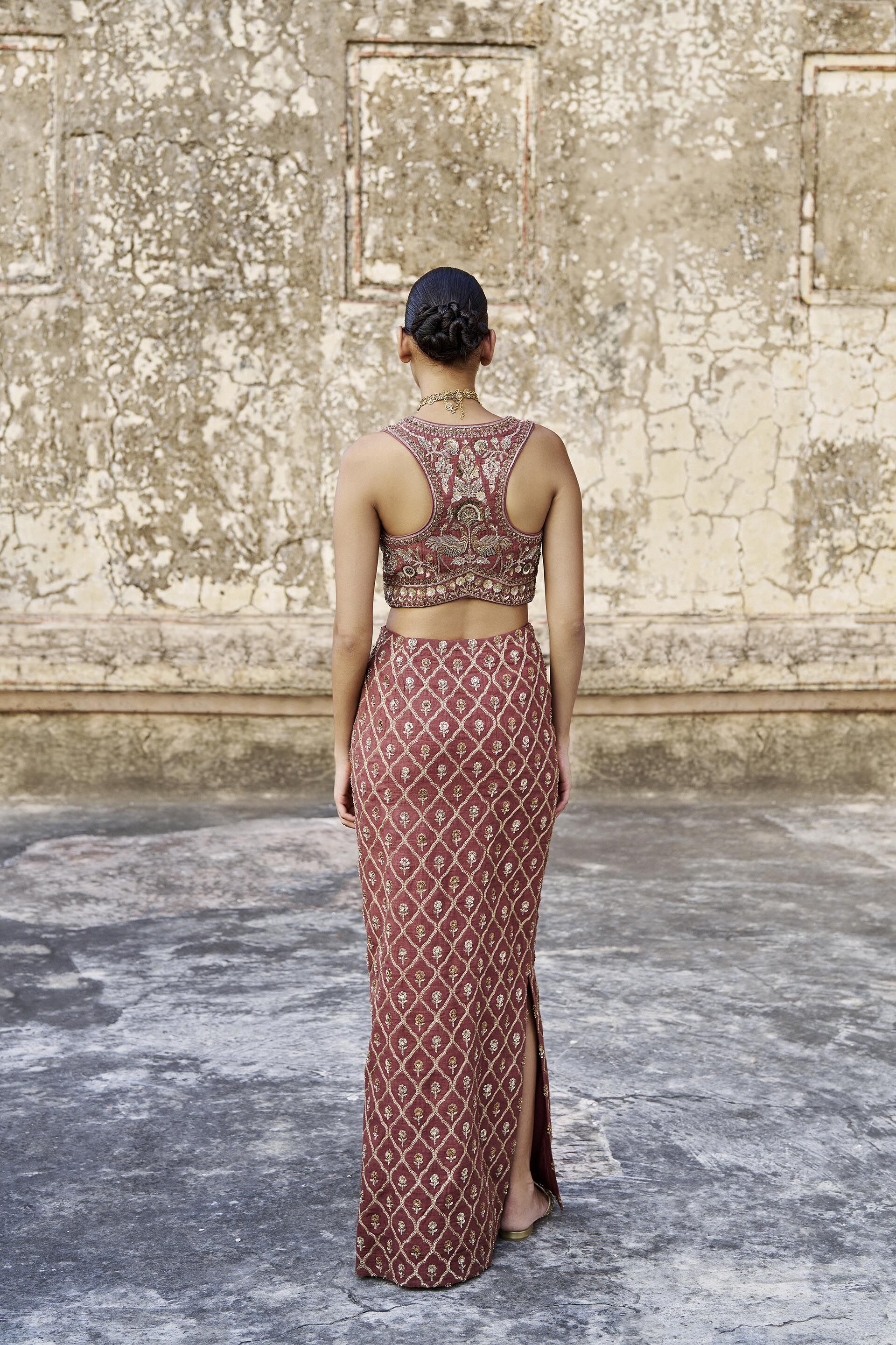 Ballad Of The Woods Embroidered Zardozi Silk Skirt Set - Brown