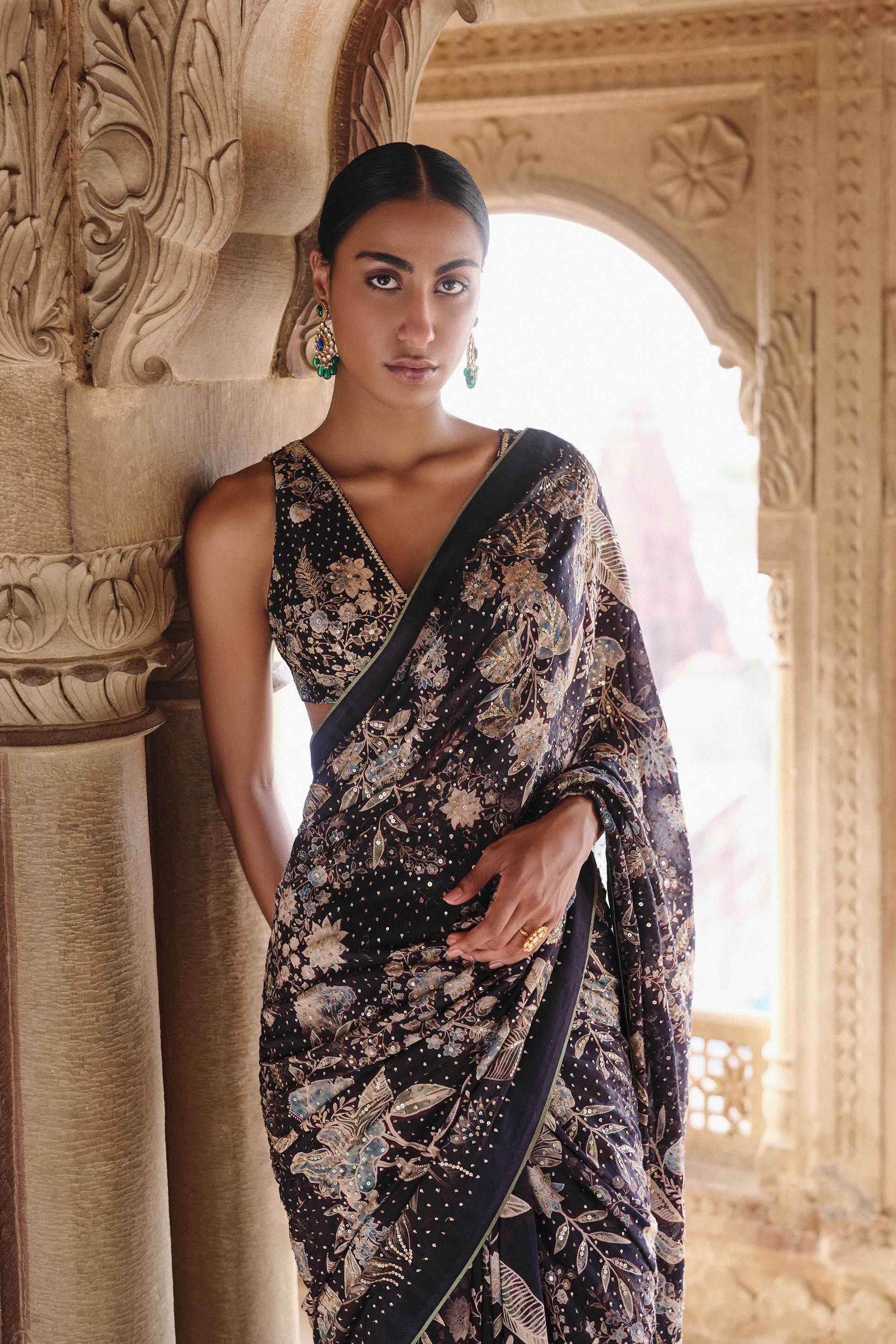 Izar Printed Sequin Saree - Black