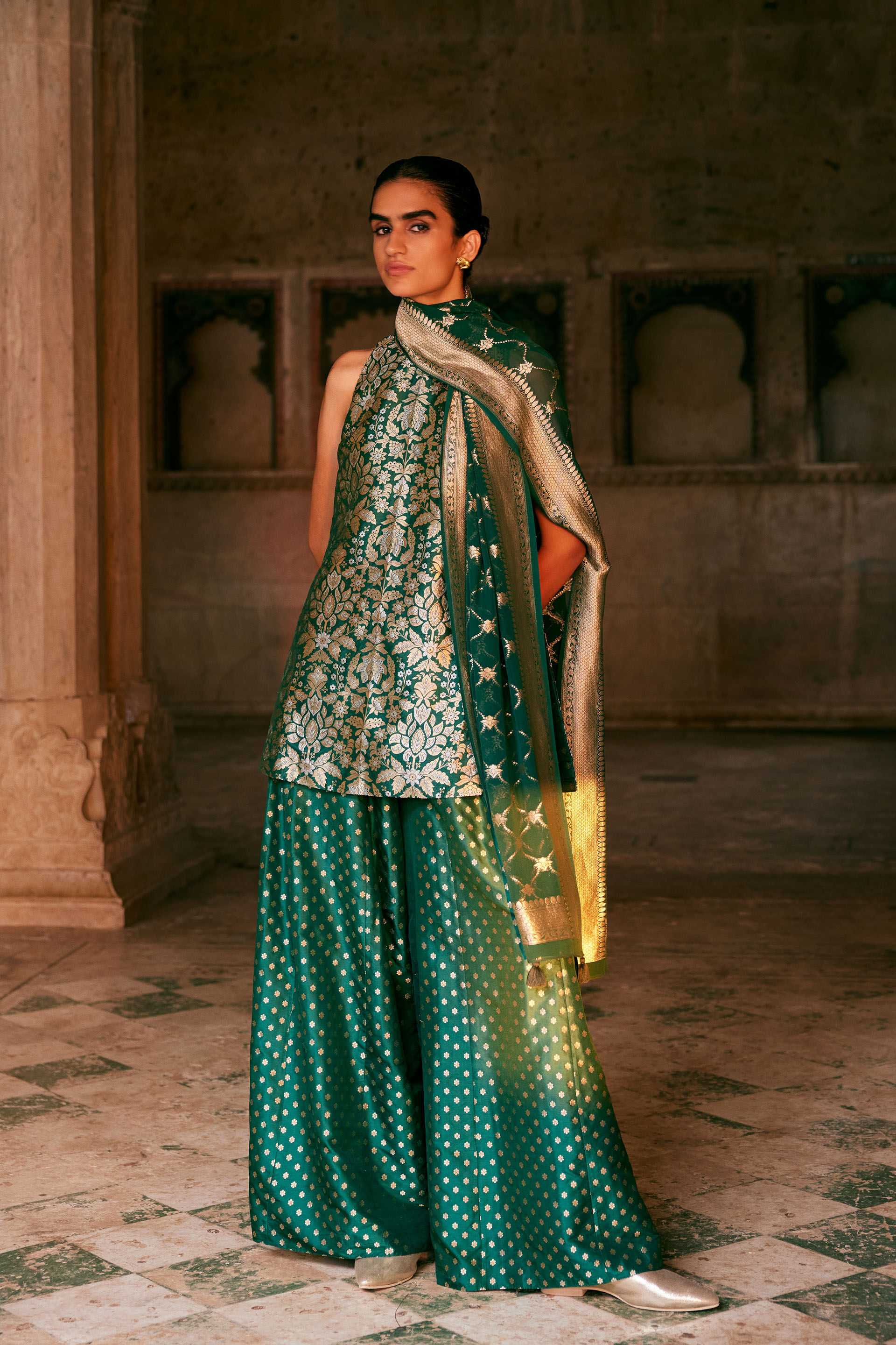 Swadha Handwoven Benarasi Silk Sharara Set - Green