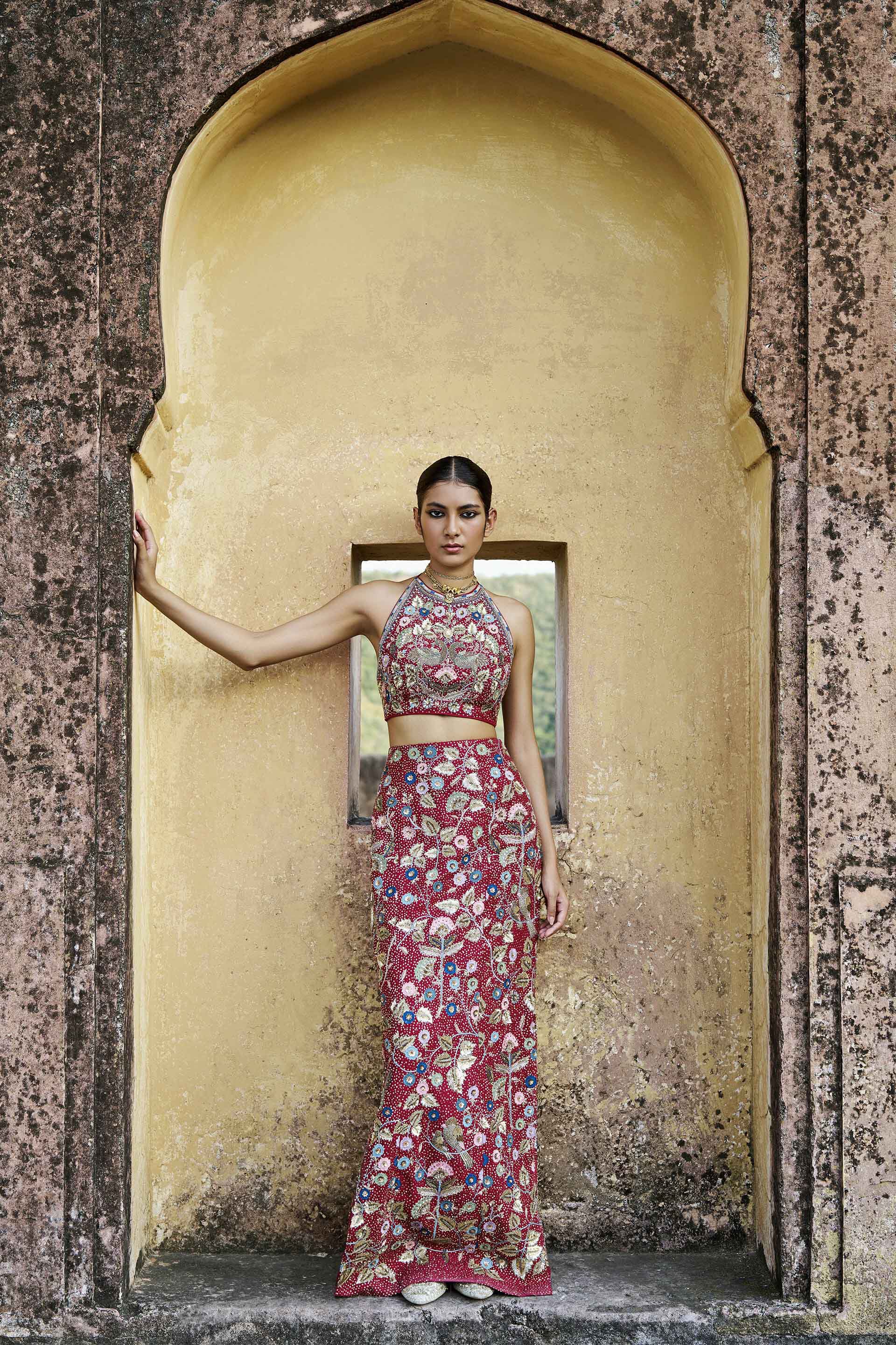 Symphony Of The Wilderness Embroidered Zardozi Silk Skirt Set - Wine