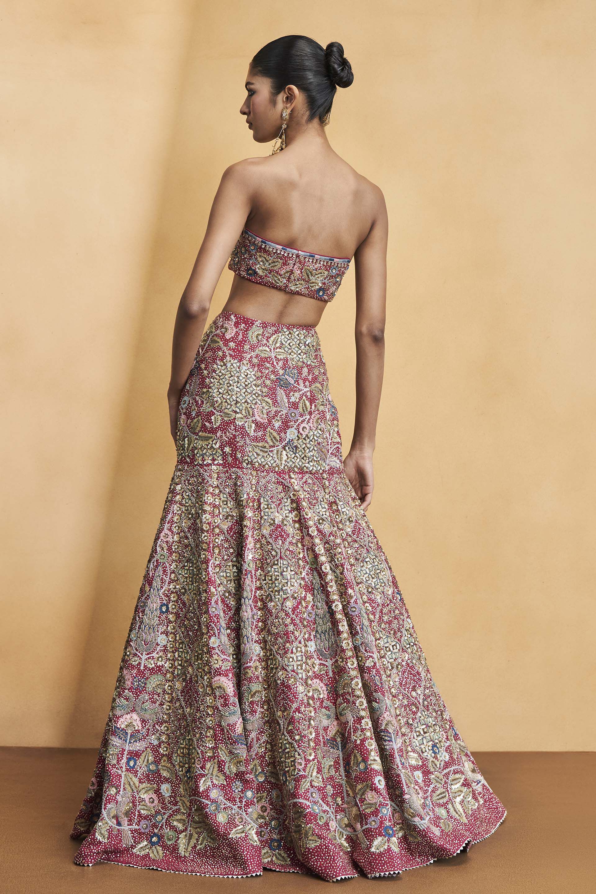 Symphony Of The Wilderness Embroidered Zardozi Silk Fishtail Skirt Set Wine