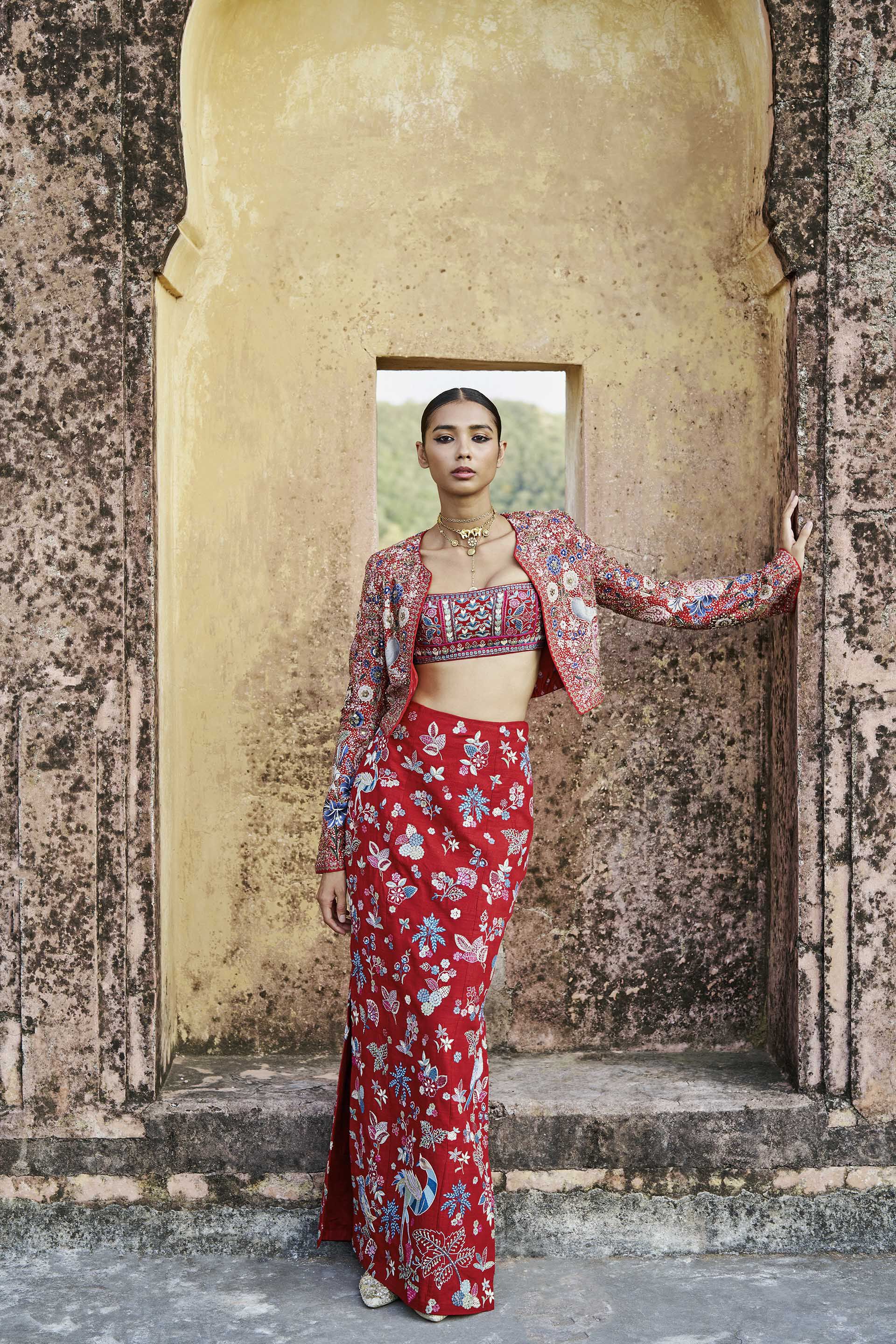 Flame Of The Forest Embroidered Zardozi Silk Skirt Set - Red, Red, image 1