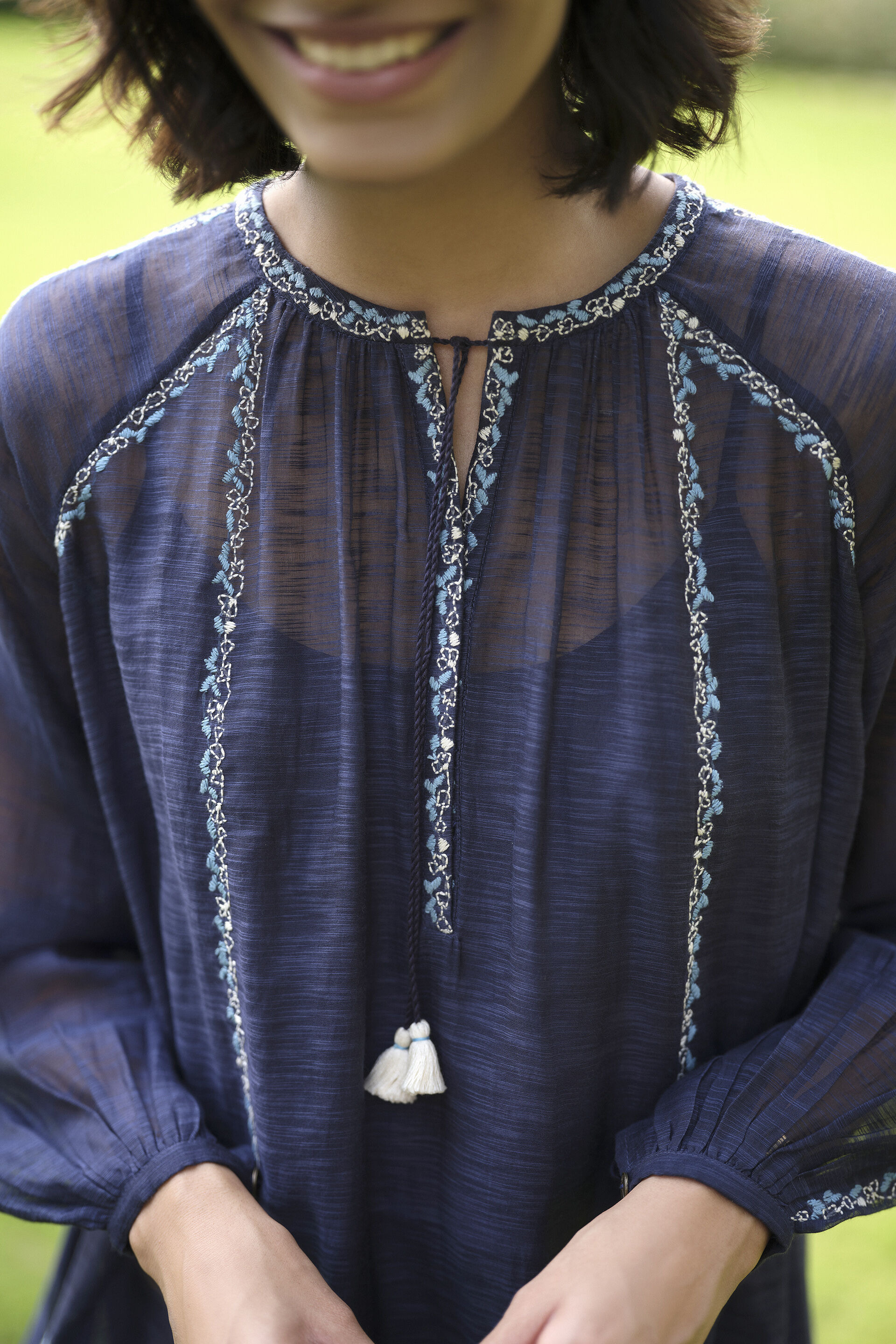 Folia Hand-embroidered Kantha Dress - Indigo, Indigo, image 5