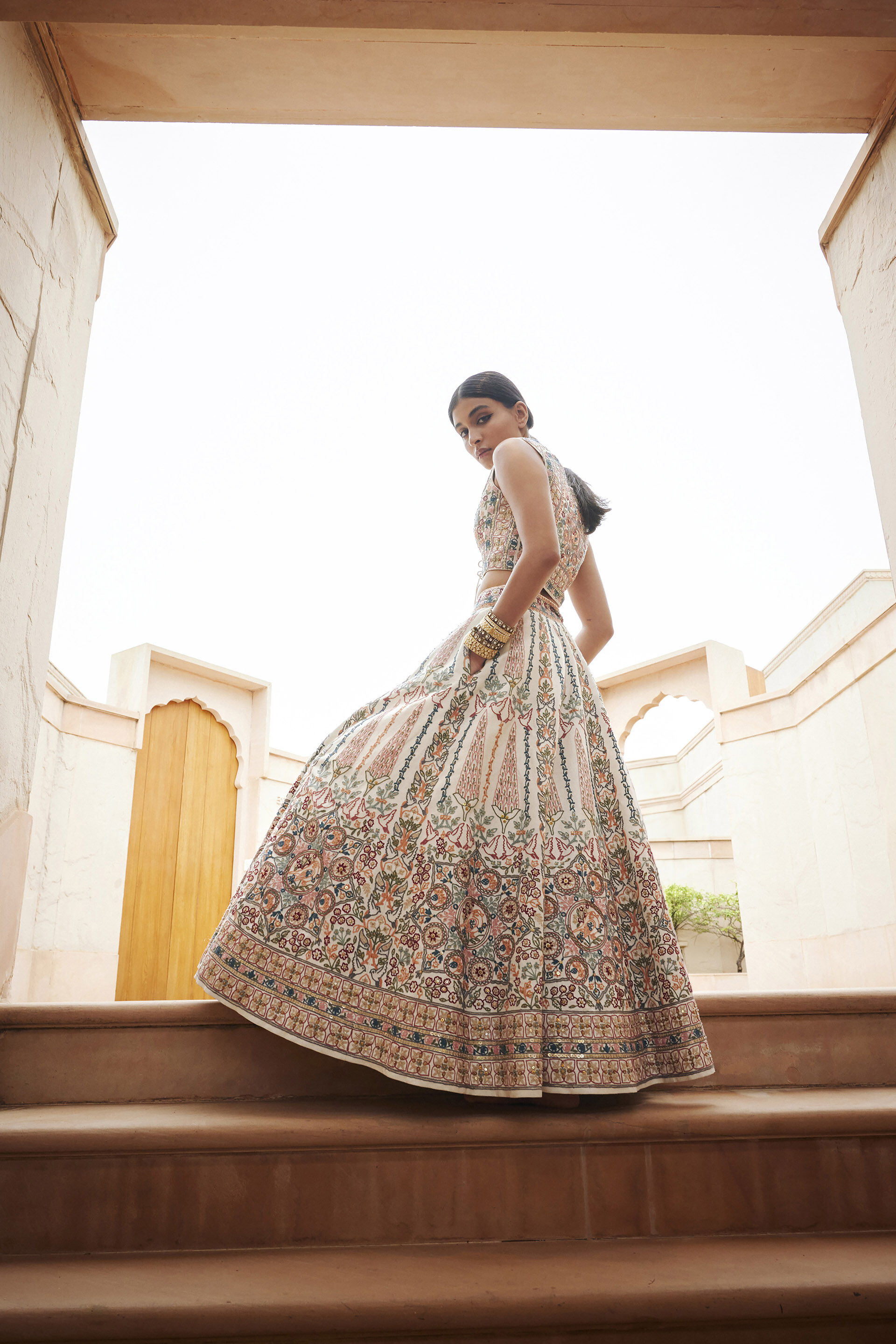 Alakana SEWA Hand-embroidered Silk Skirt Set - Ivory