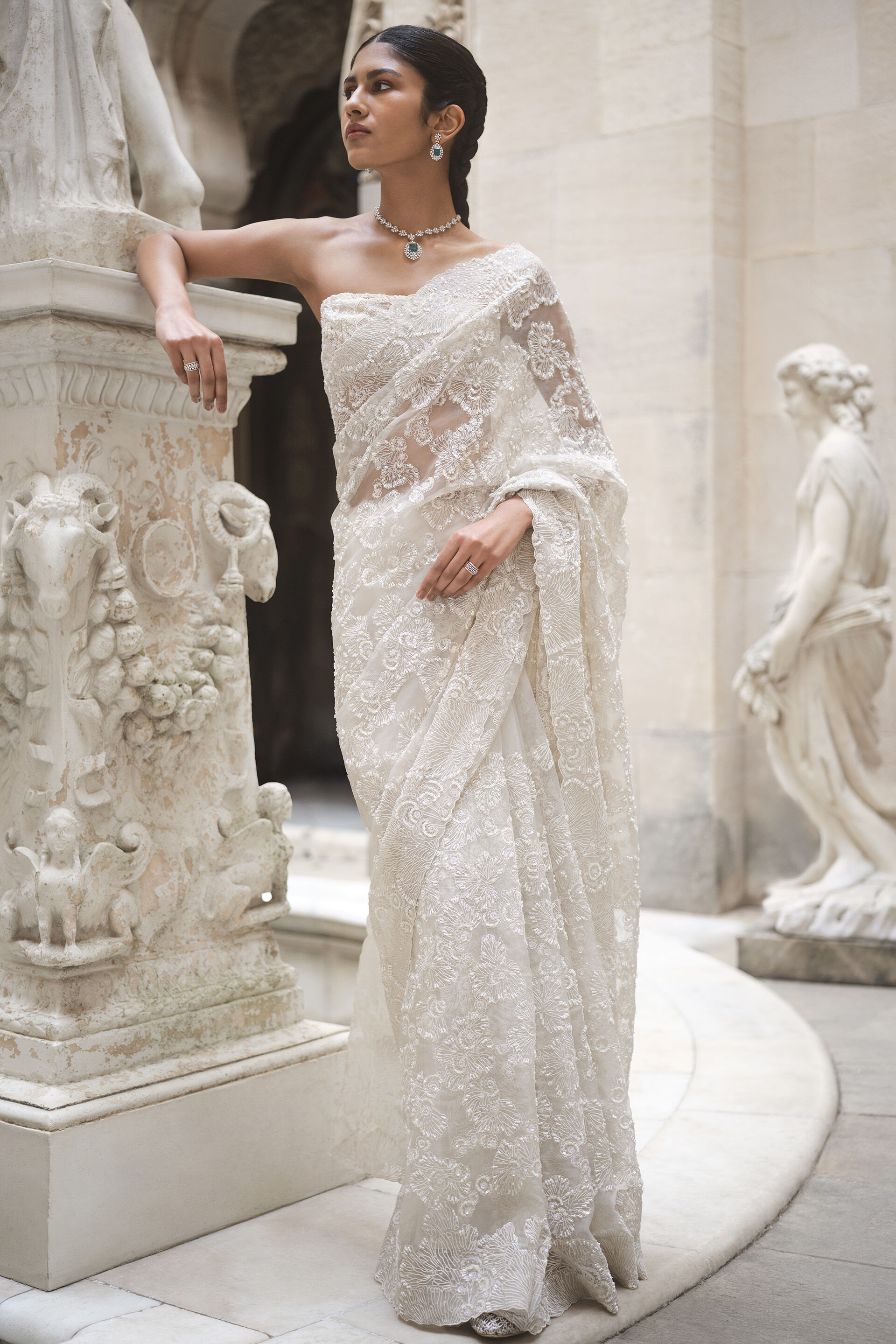 Rainbloom Embroidered Silk Saree - Ivory, Ivory, image 5