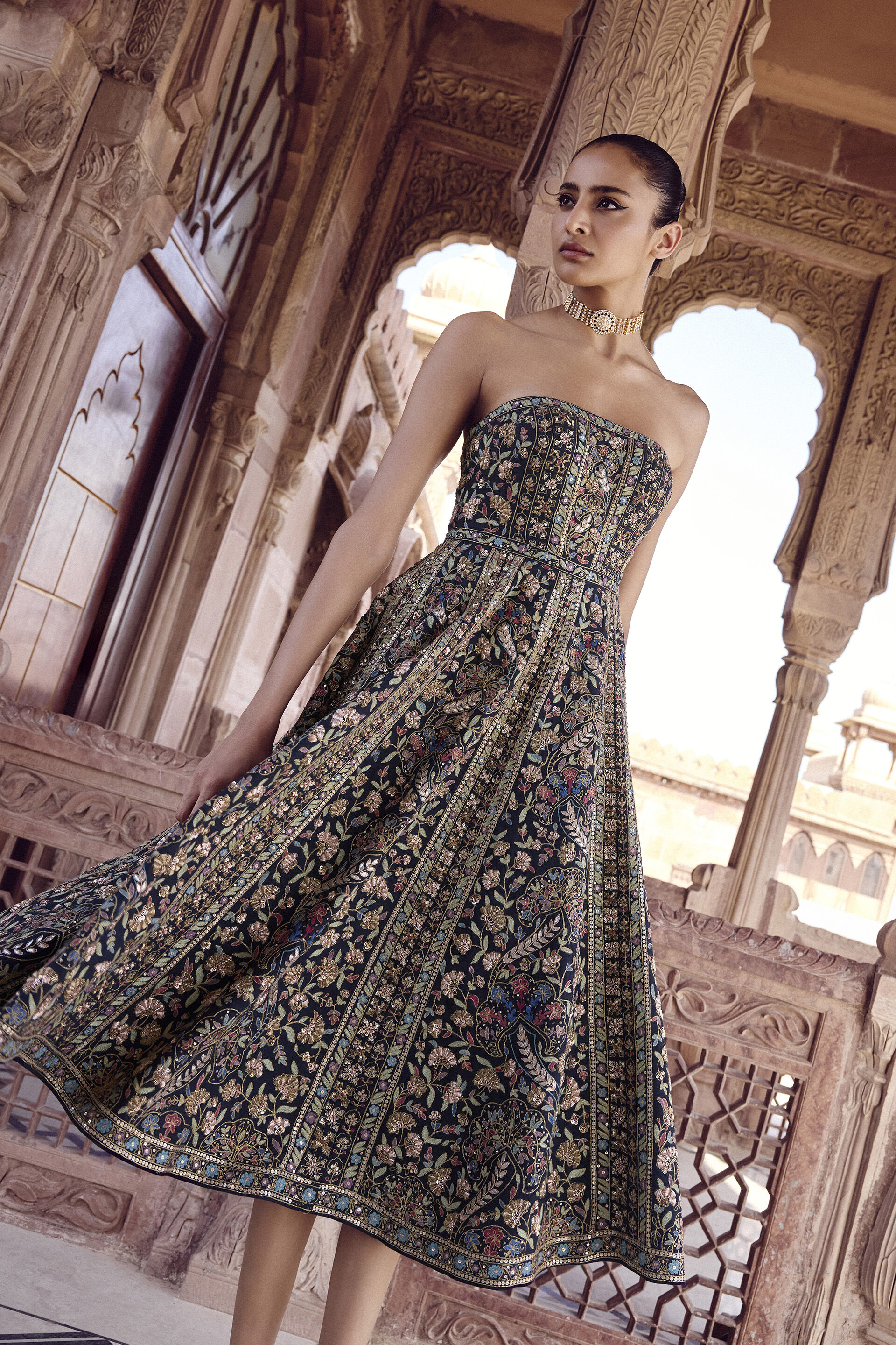 Nemora Embroidered Silk Dress - Green, Navy, image 3