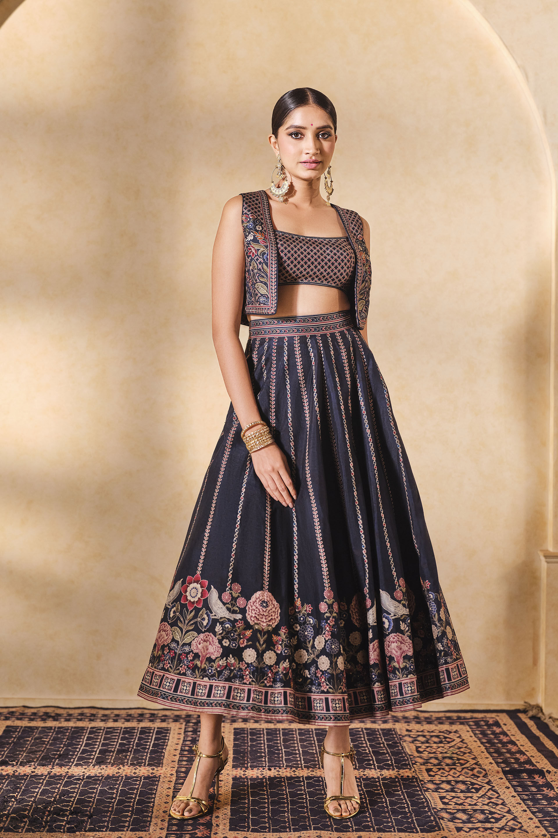 Moonlight Bloom Printed Silk Skirt Set - Blue