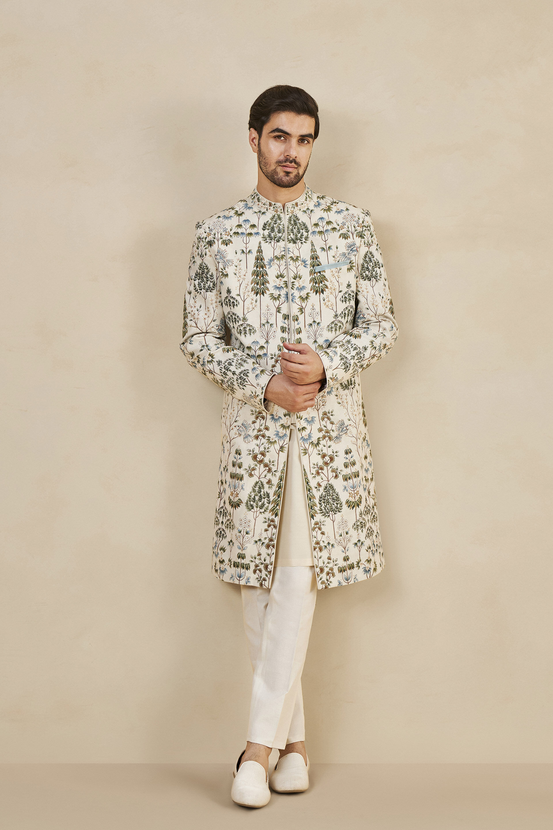 Taksh Hand-painted Pichhwai Silk Sherwani - Off White