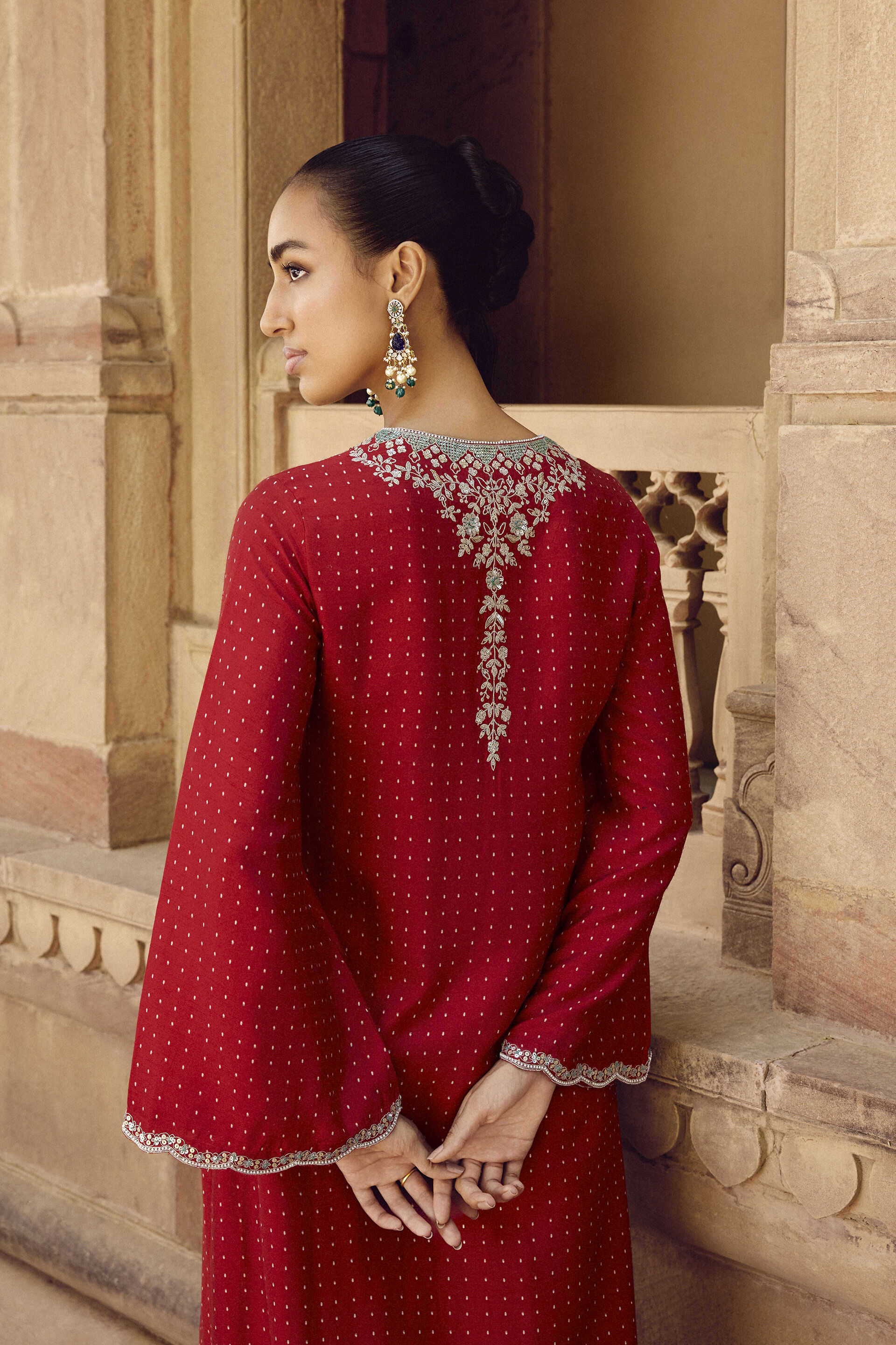 Sindhura Embroidered Silk Kaftan - Red, Red, image 6