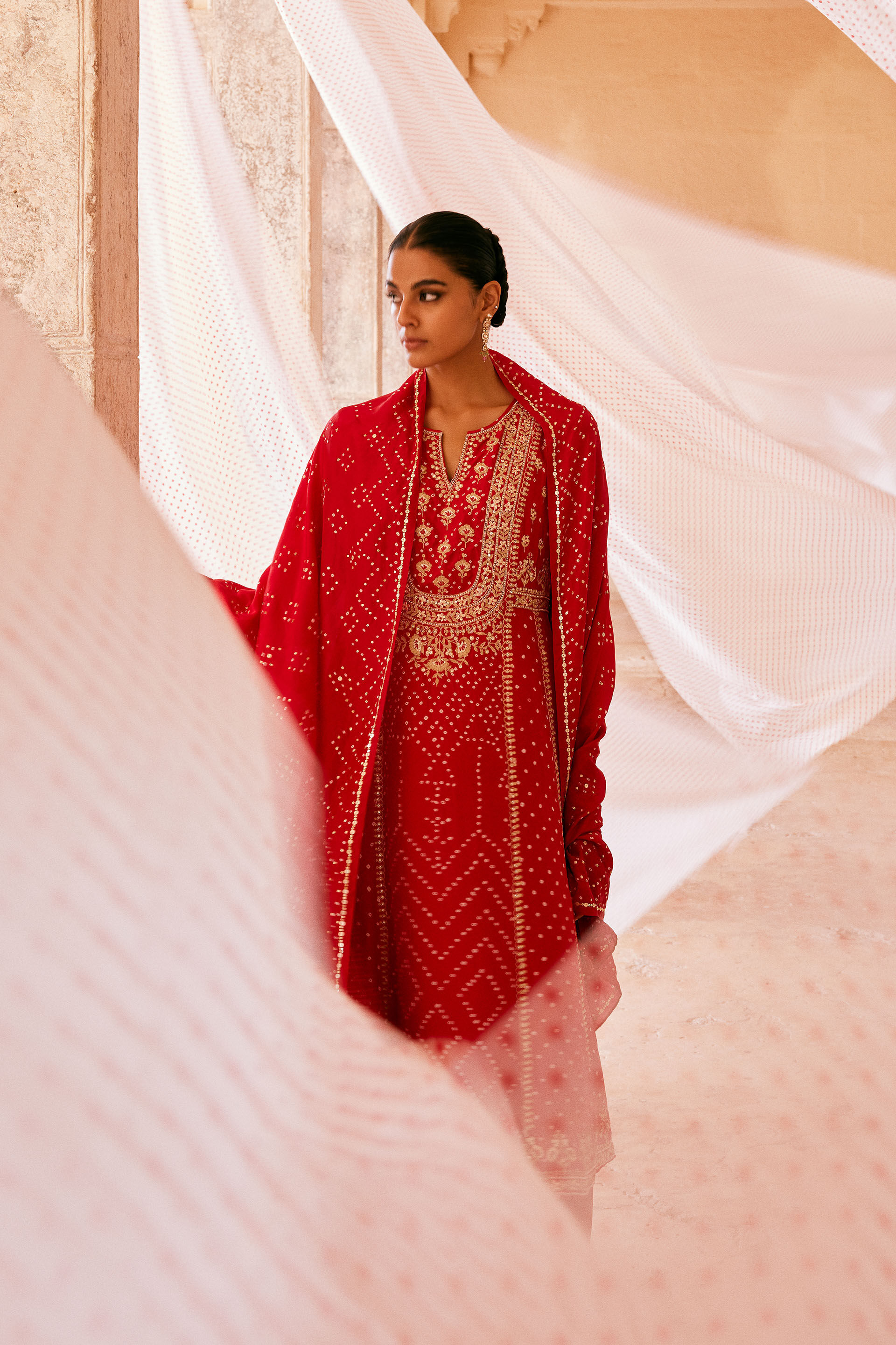 Cinnabar Handcrafted Bandhani Silk Suit Set - Red, Red, image 3