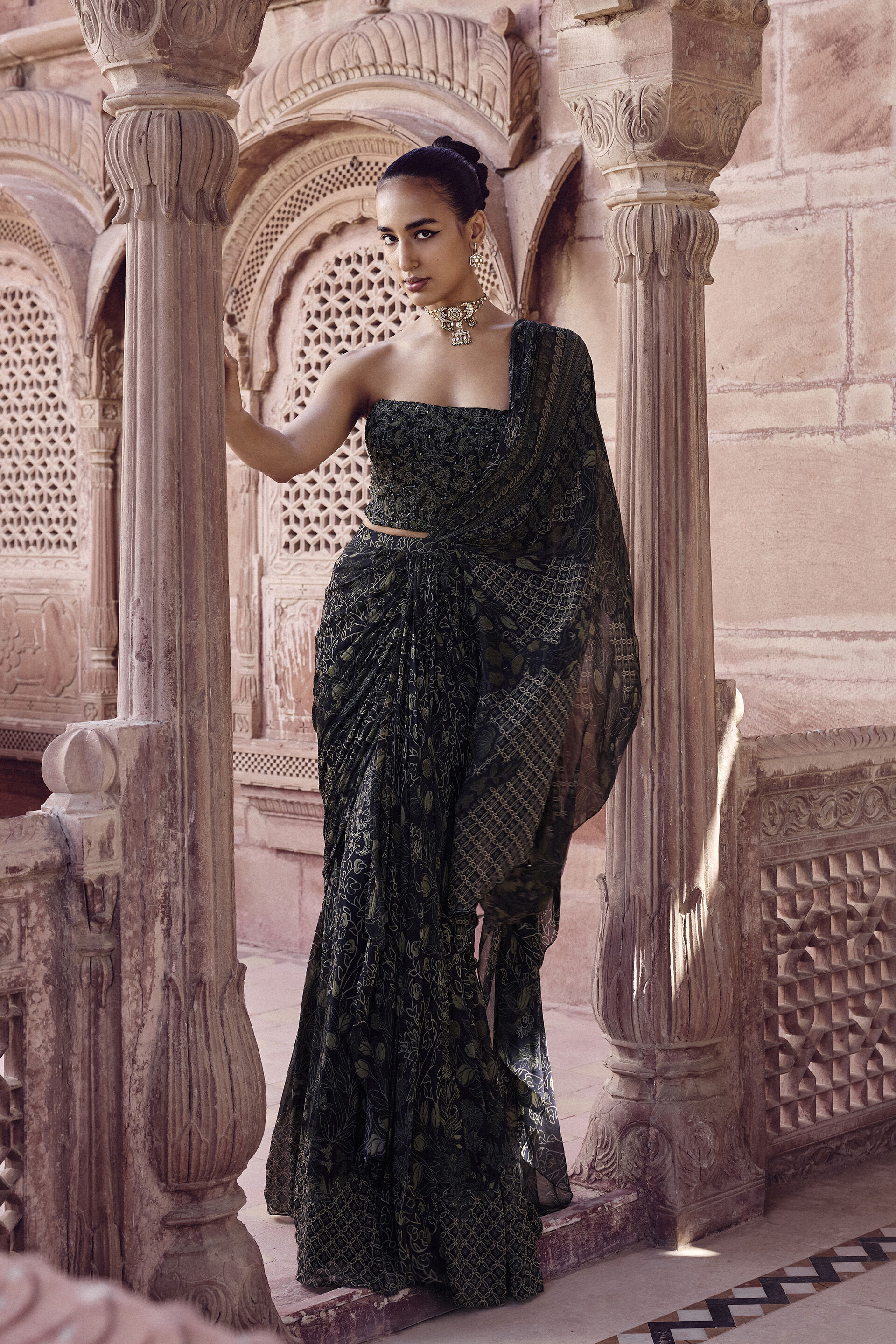 Ryka Sequin Chiffon Pre-draped Saree - Black, Black, image 3