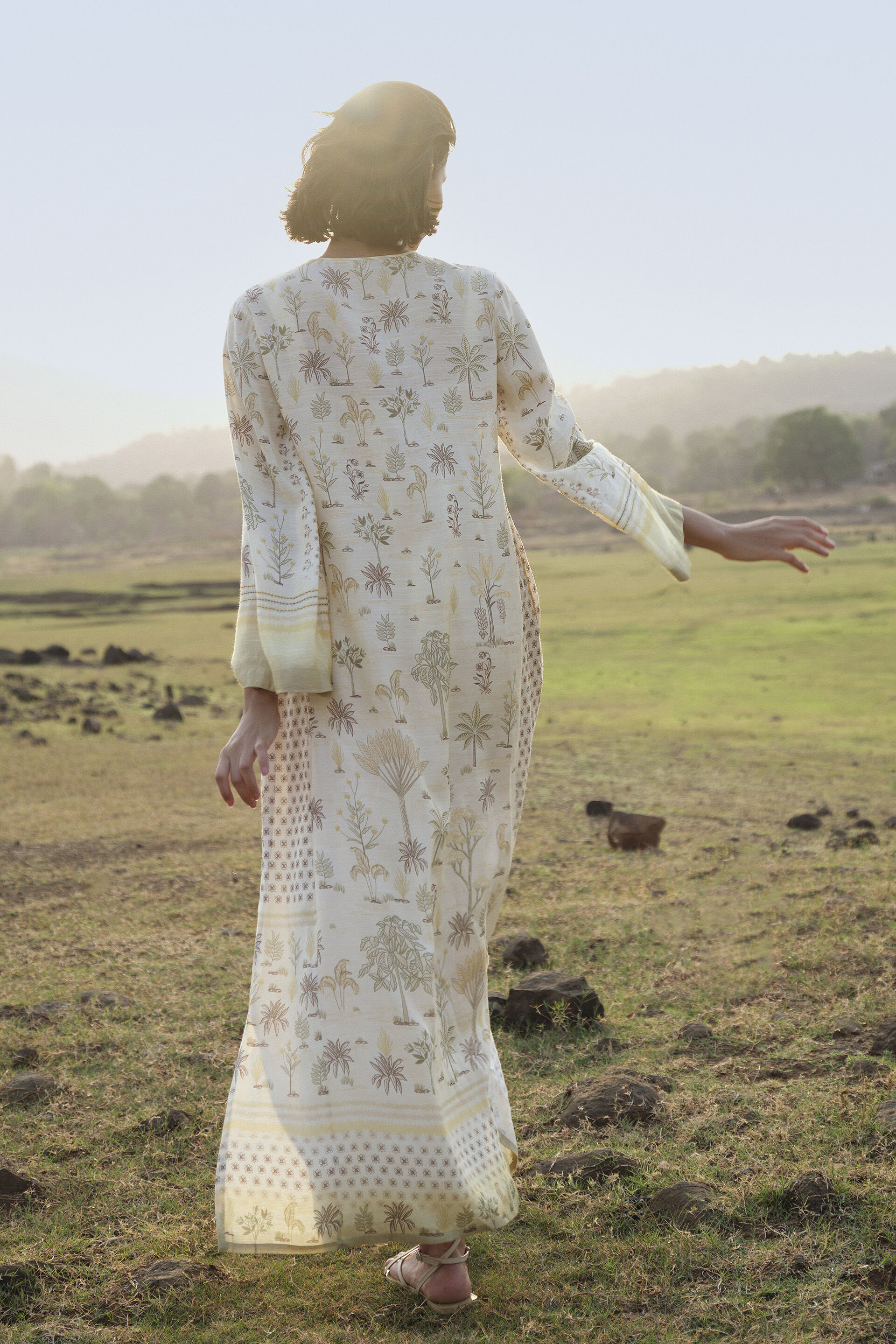 Season Song Hand-embroidered Kantha Kaftan - Yellow, Ivory, image 3