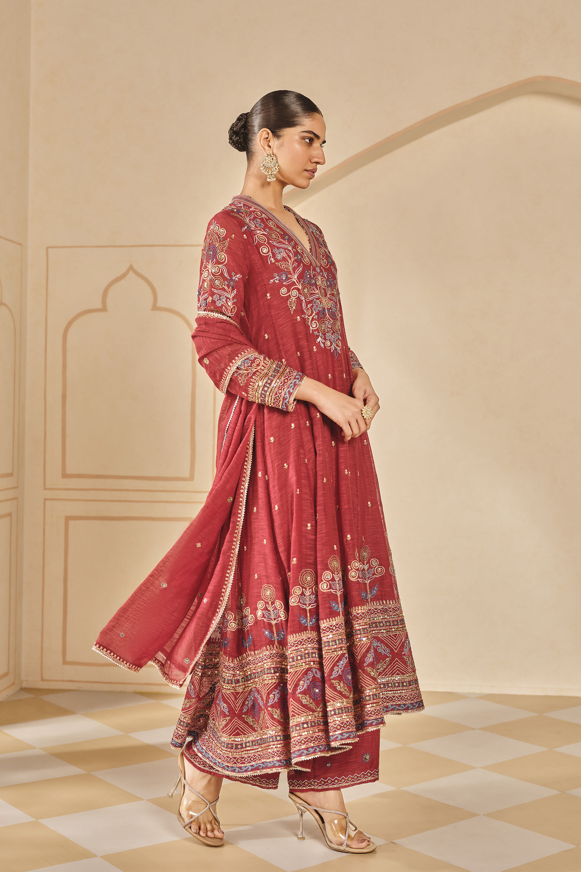 Zunaira Embroidered Mul Anarkali Set - Red, Red, image 3