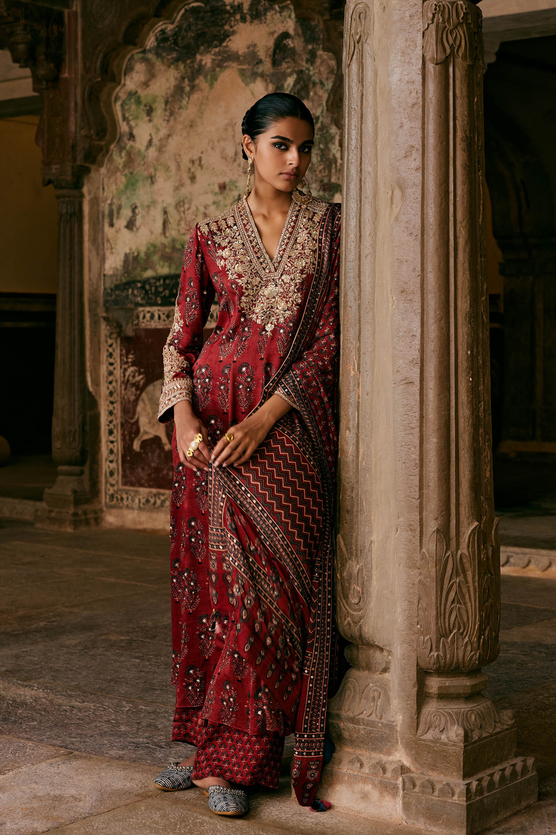 Saaj Ajrakh Hand-block Printed Silk Suit Set - Red