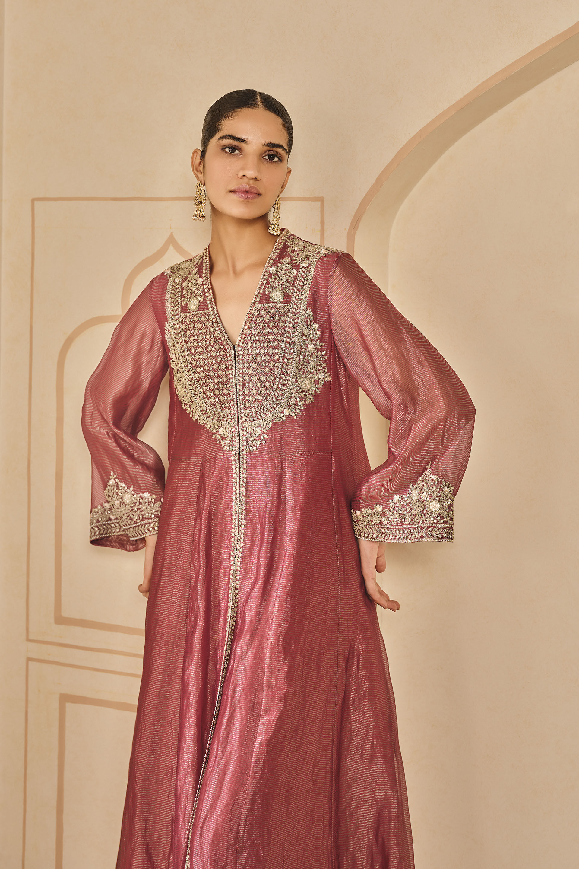 Azha Embroidered Zardozi Silk Jacket Set - Red, Red, image 4