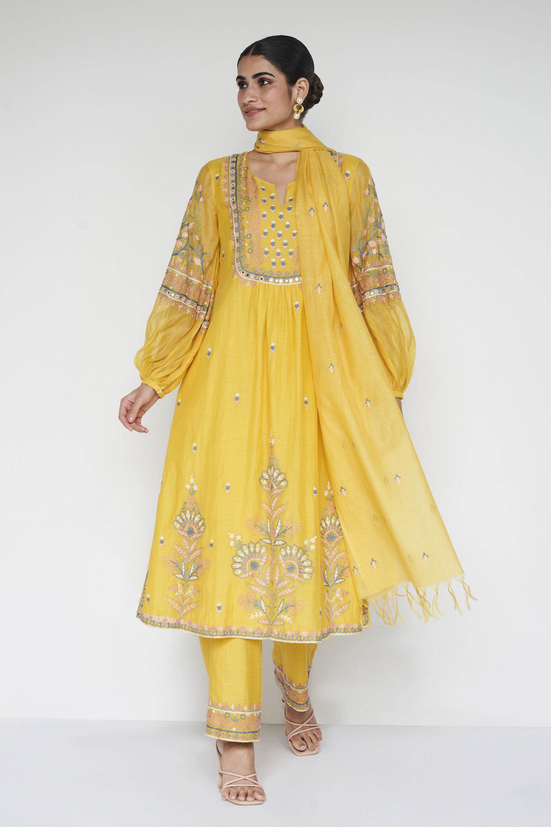 Philomel Embroidered Zardozi Silk Suit Set - Yellow