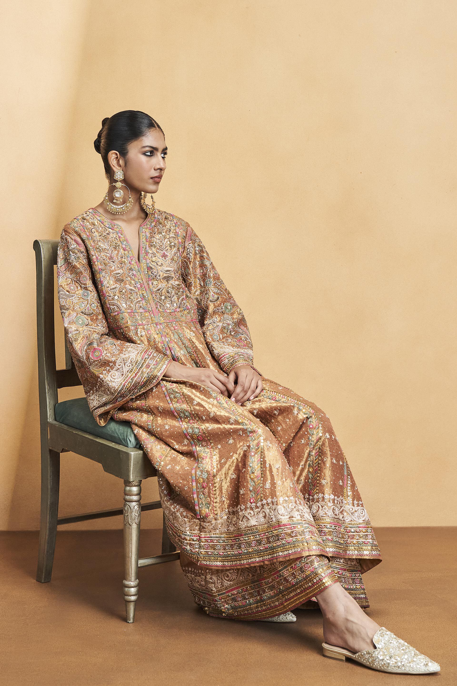 Magic Of The Gleaming Sunrays Embroidered Zardozi Sharara Set - Copper, Gold, image 9
