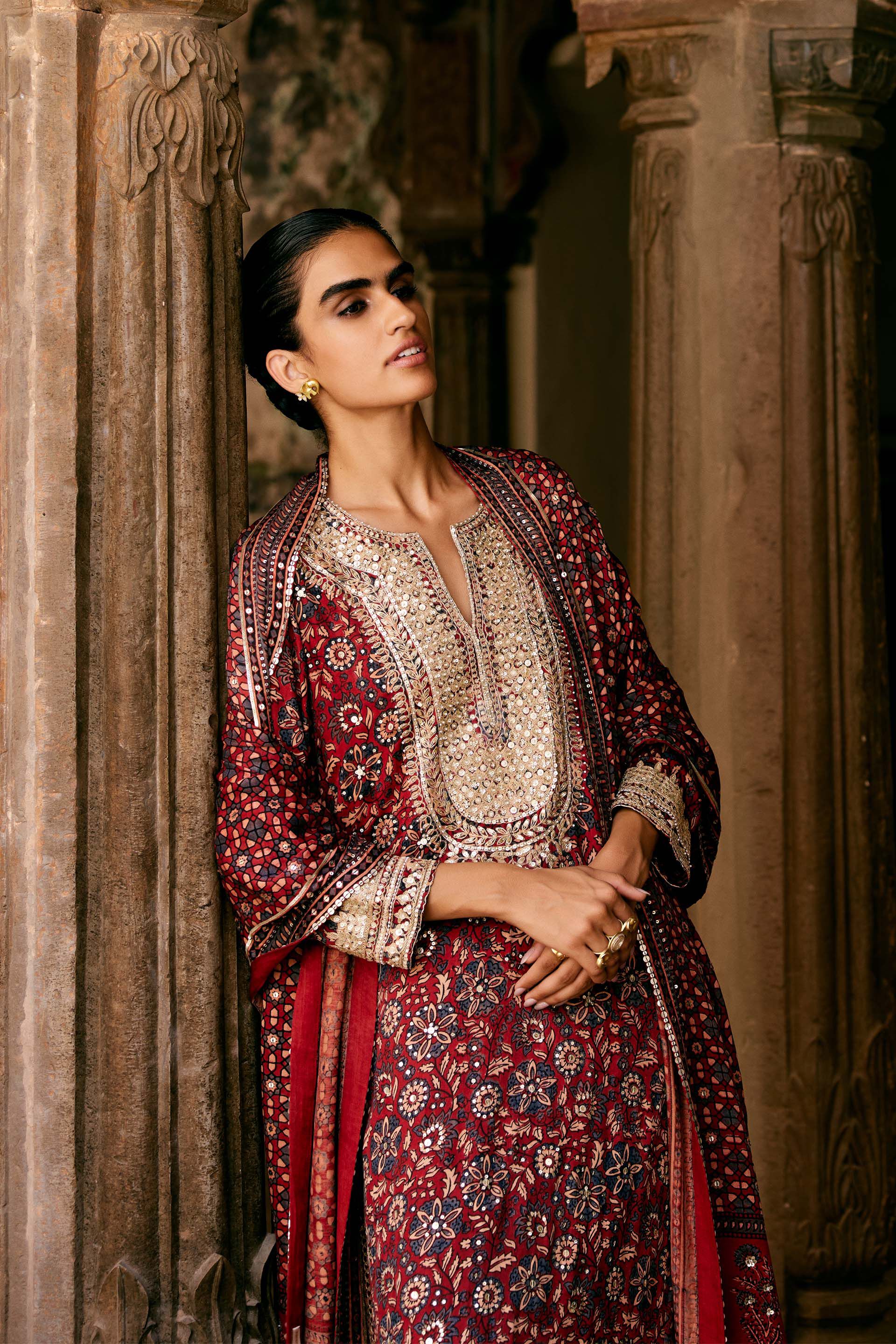 Kasano Ajrakh Hand-block Printed Silk Suit Set - Red