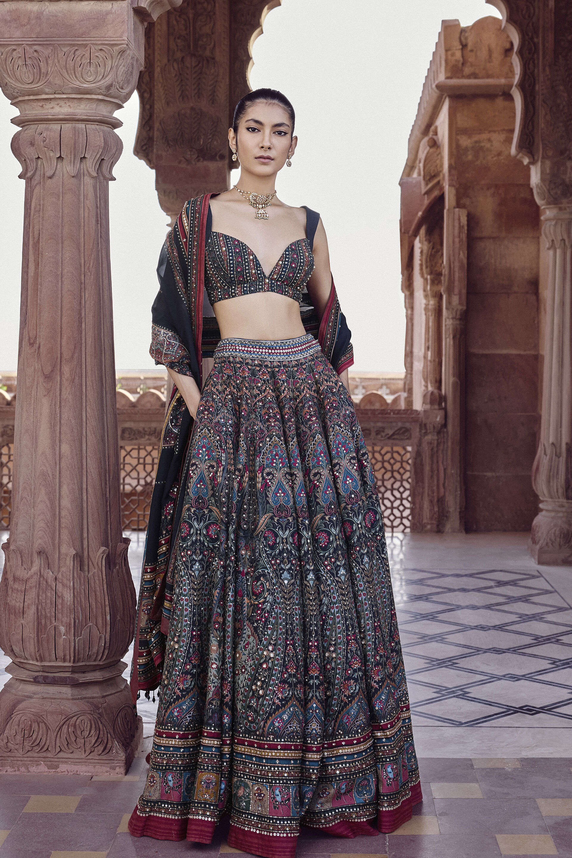 Nameera Embroidered Silk Lehenga Set - Black