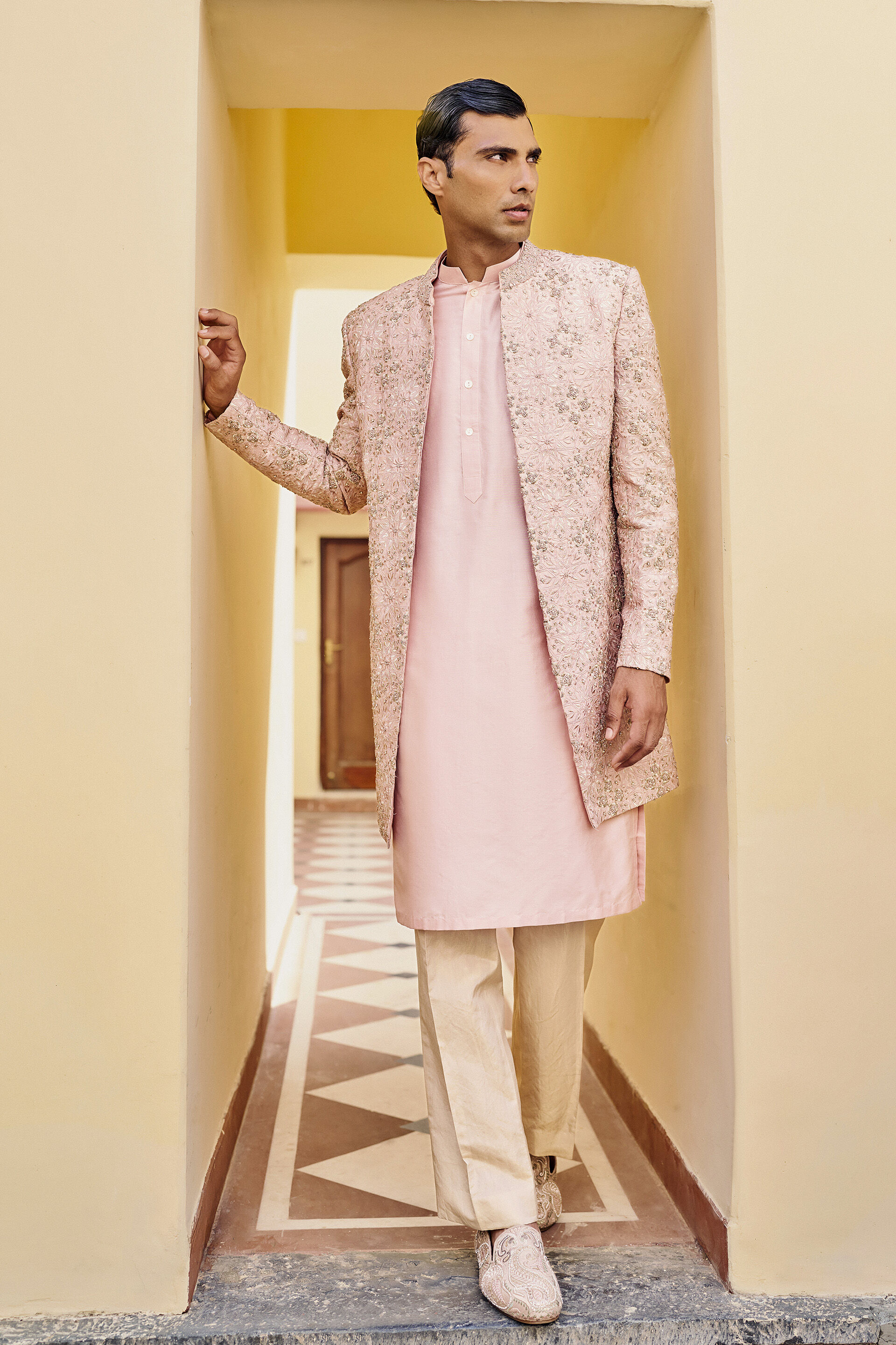Ballad Embroidered Zardozi Silk Sherwani - Pink