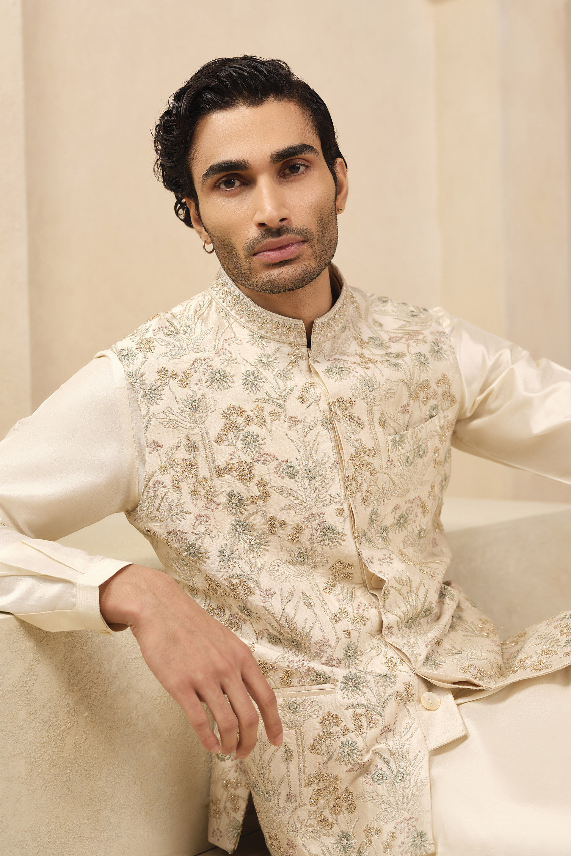 Balfour Embroidered Silk Nehru Jacket - Ivory, Ivory, image 4