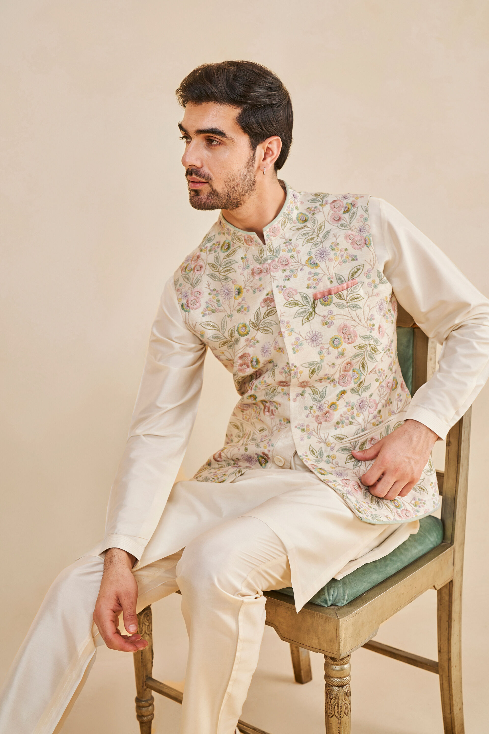 Ishay Embroidered Silk Nehru Jacket - Ivory, Ivory, image 4