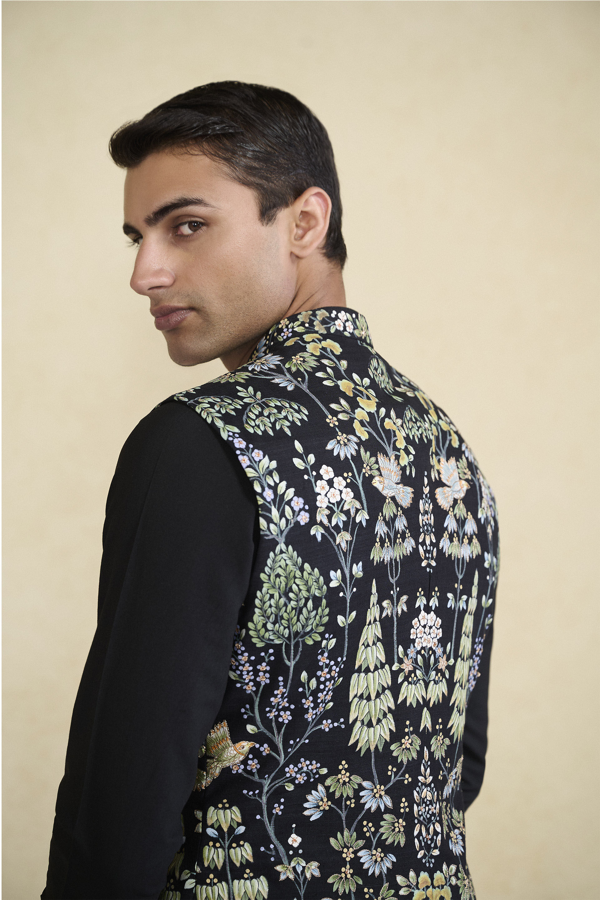 Nalesh Hand-painted Pichhwai Silk Nehru Jacket - Black, Black, image 6