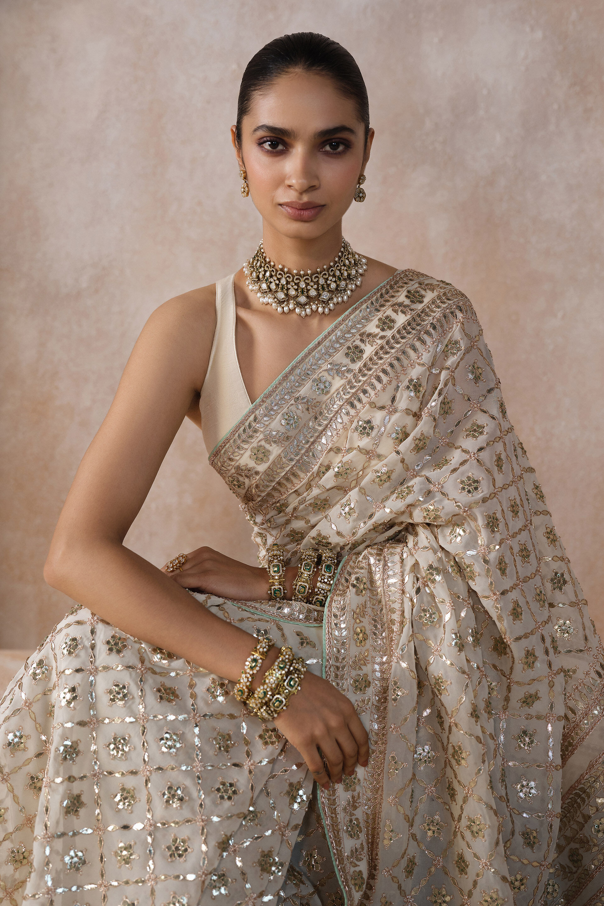 Tajanae Gota Patti Saree - Cream, Cream, image 5