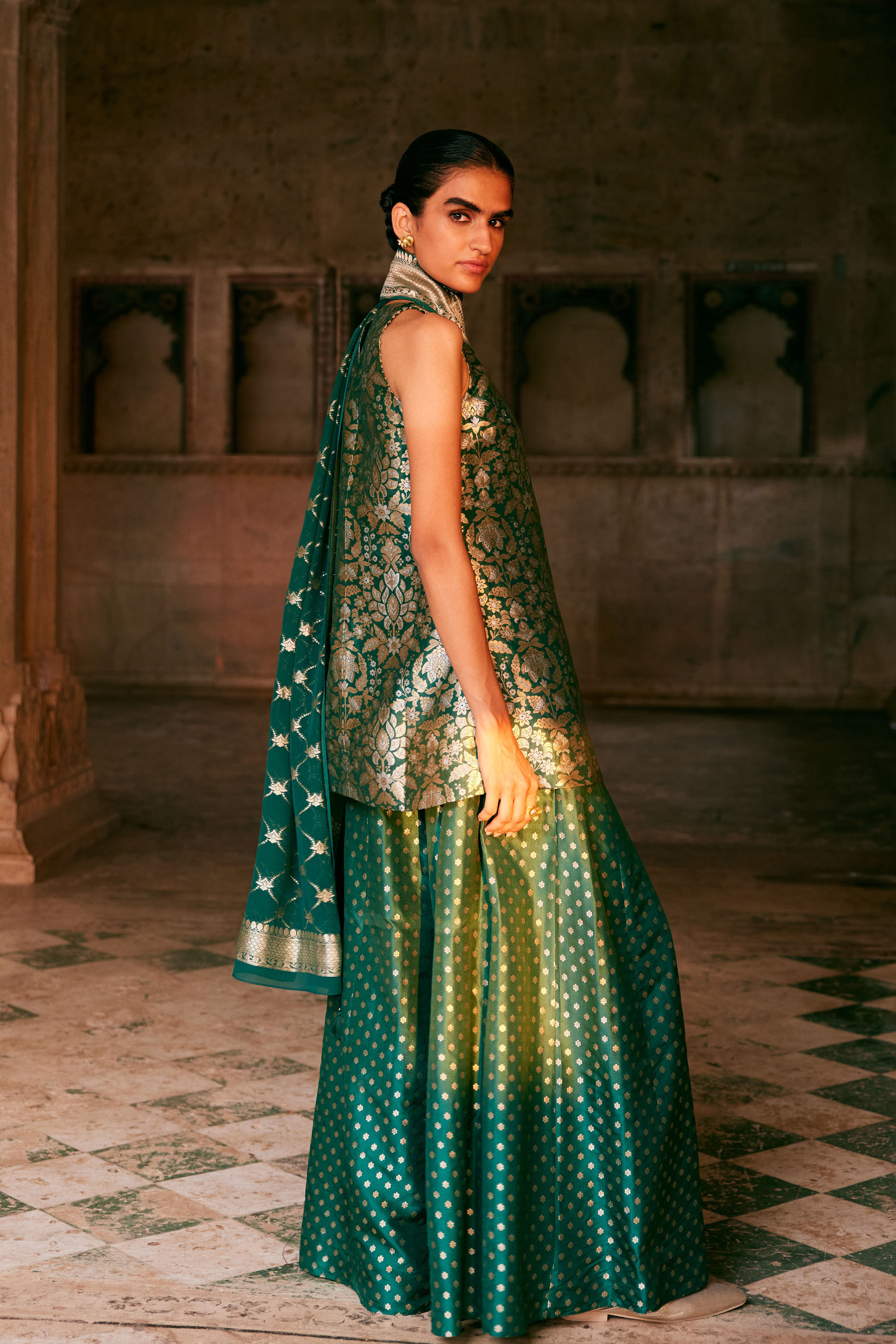 Swadha Handwoven Benarasi Silk Sharara Set - Green