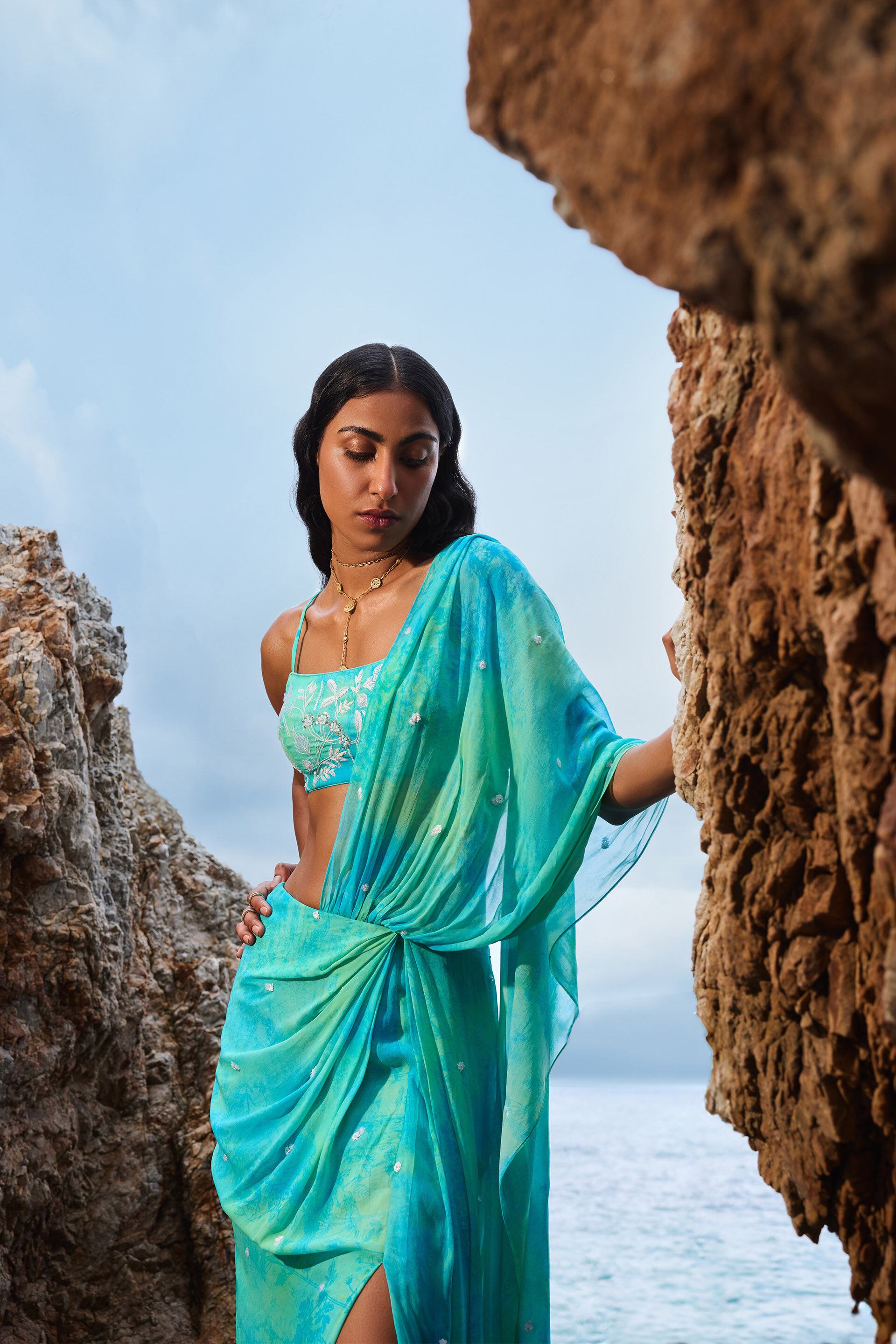 Praya Georgette Pre-draped Saree Set - Aqua, Aqua, image 4