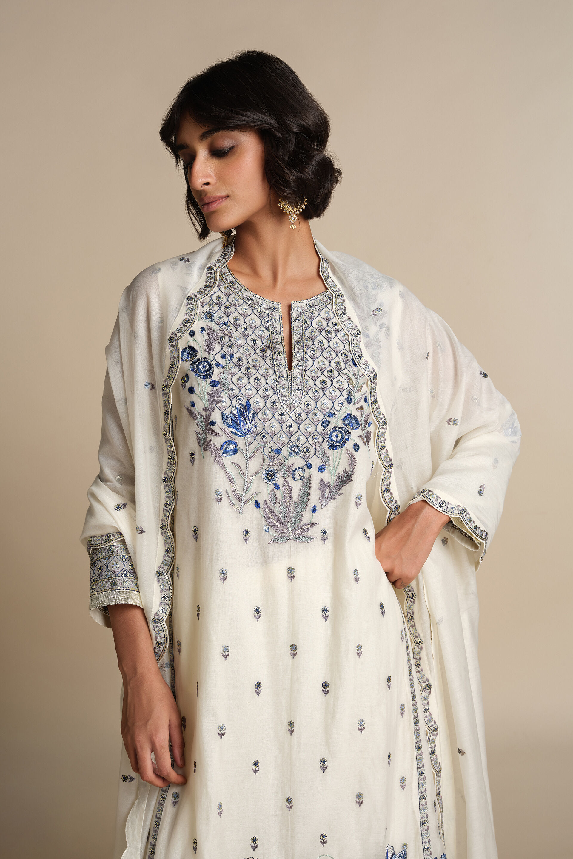 Libna Embroidered Mul Suit Set - Blue, White, image 4