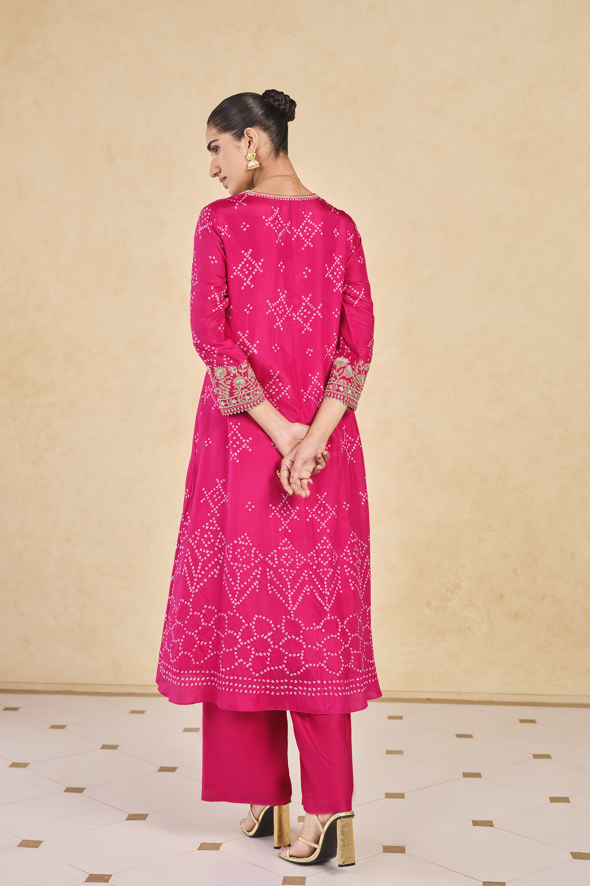 Johona&nbsp;Handcrafted Bandhani Silk Kurta Set - Berry Sorbet
